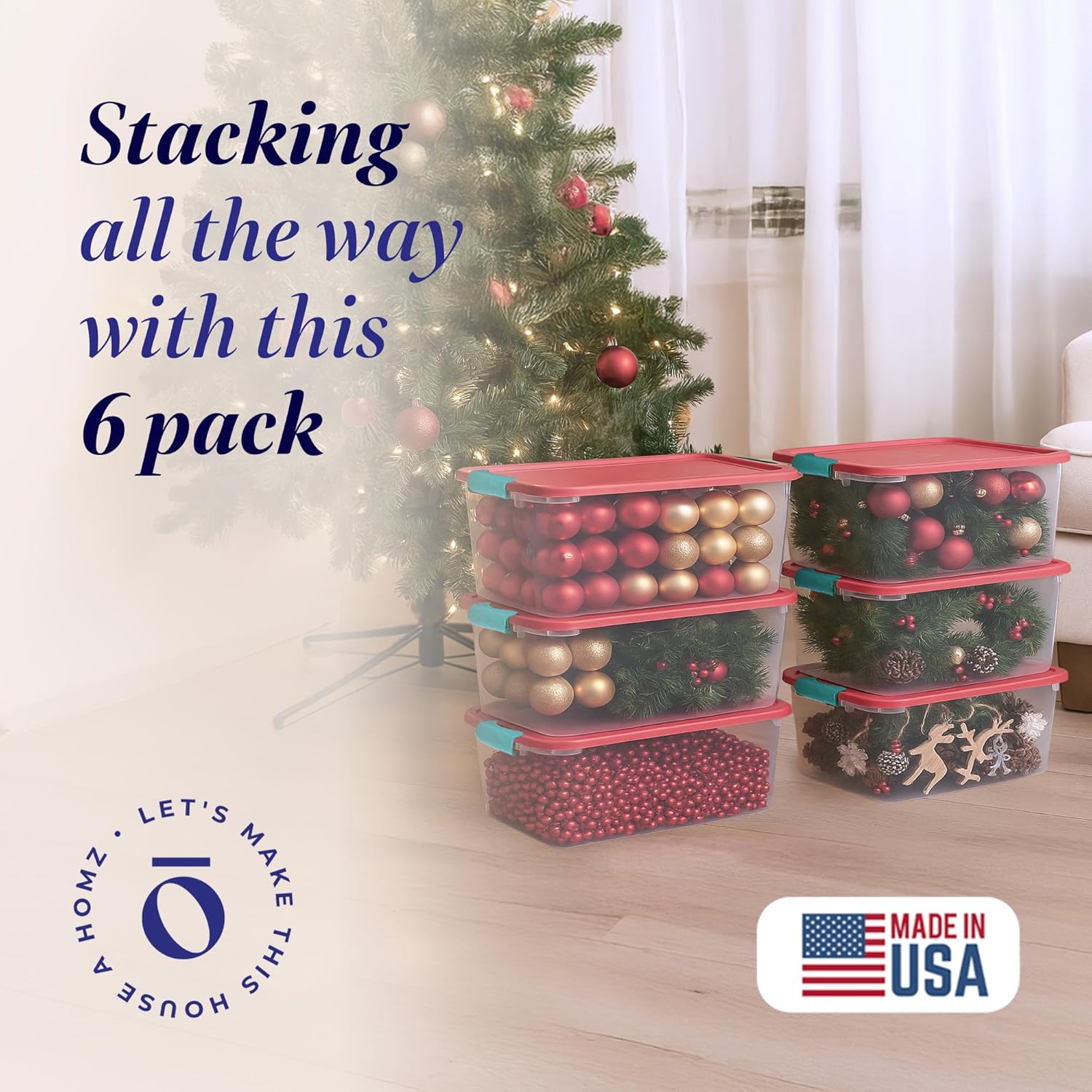 HOMZ 6-Pack Holiday Tote, Plastic Storage Organizer Bins with Lids, 64 Quart, Clear/Red - Stackable Organizing Containers for Home, Garage, and Office