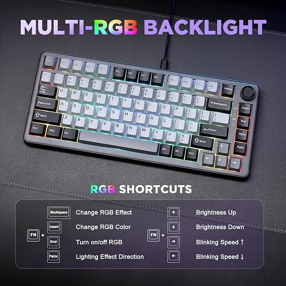 YUNZII B75 75% Wired Mechanical Keyboard Hot-Swap Gasket Loaded RGB Backlight Heavy Duty English PBT Key Cap Cherry Profile for Win/Mac Dark Gray, RGB Cocoa Cream V2 Switch