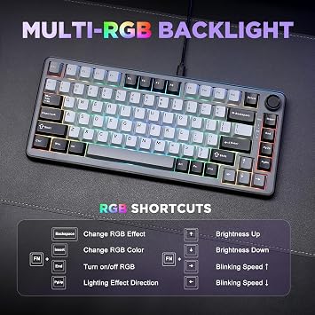 YUNZII B75 75% Wired Mechanical Keyboard Hot-Swap Gasket Loaded RGB Backlight Heavy Duty English PBT Key Cap Cherry Profile for Win/Mac Dark Gray, RGB Cocoa Cream V2 Switch