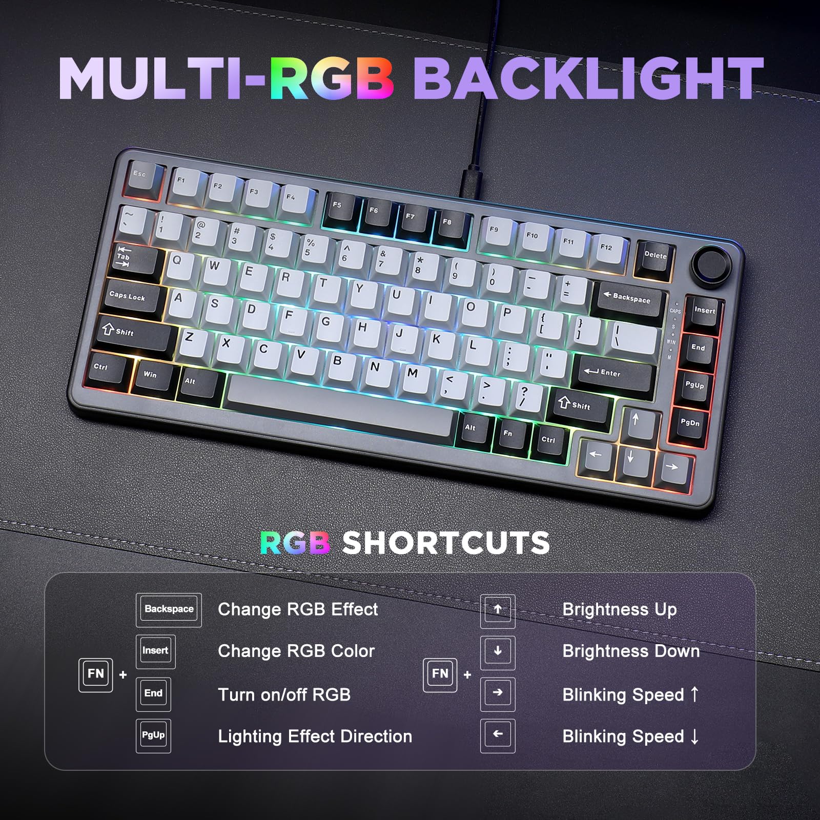 YUNZII B75 Teclado Mecánico,75% Teclado Hot Swappable,Teclado de Juego con Knob,RGB Backlit Gasket Gaming Teclado con Double-Shot PBT Keycaps,Cherry Profile (Dark Grey, Cocoa Cream v2 Switch)