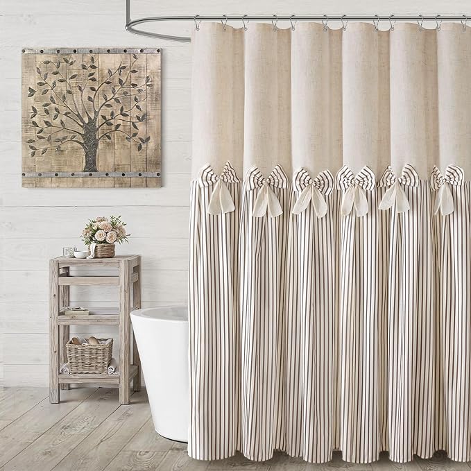 Farmhouse Shower Curtain Linen Beige Bow Woven Fabric Country Rustic Western, Pleated Brown Stripe 72" W x 72" L
