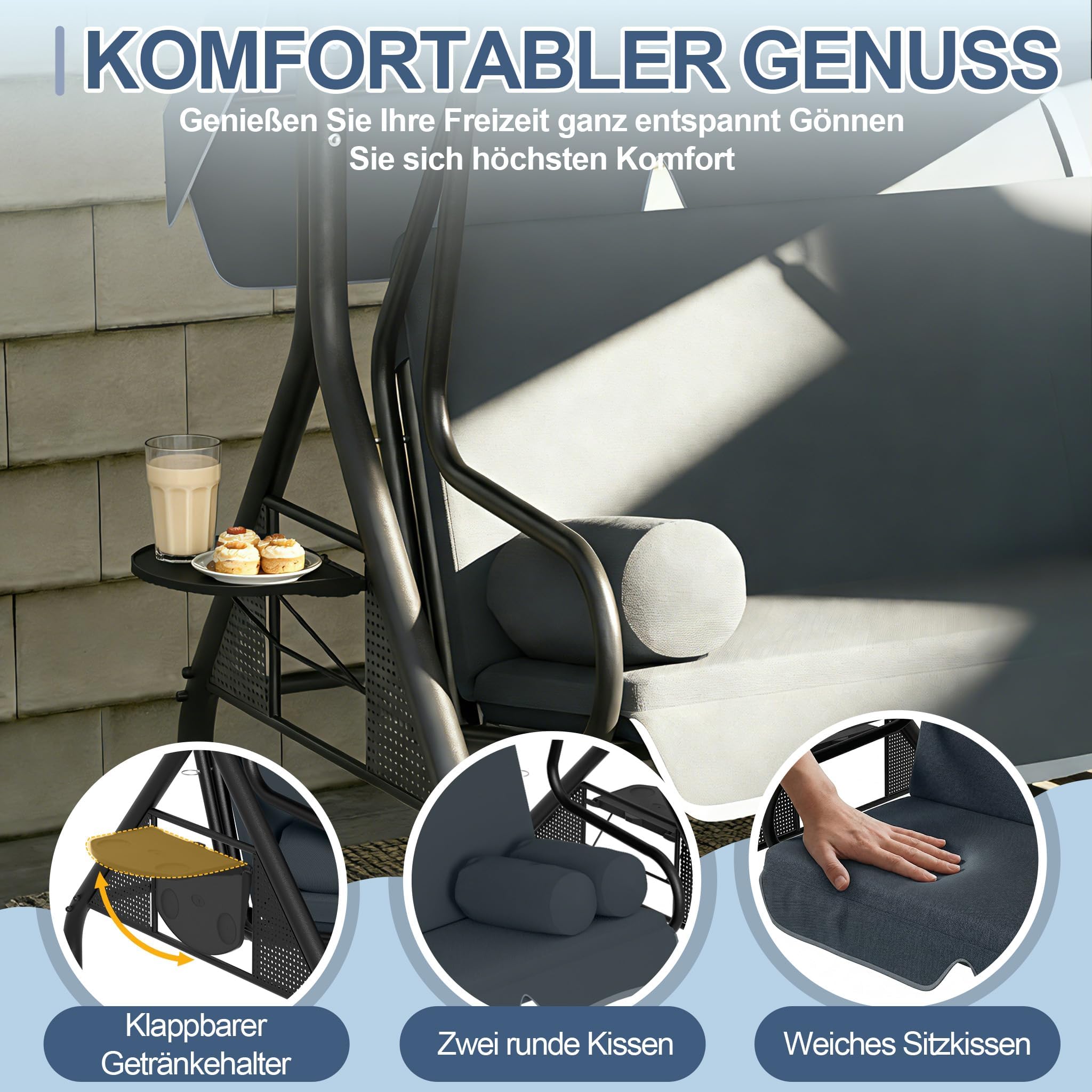 LZQ Hollywoodschaukel 3-Sitzer Grau mit Liegefunktion, verstellbares Sonnendach, inkl. Kissen & Tabletts, rutschfeste Standfüße, Outdoor Schaukelbank für Garten, Terrasse, Pool und Veranda