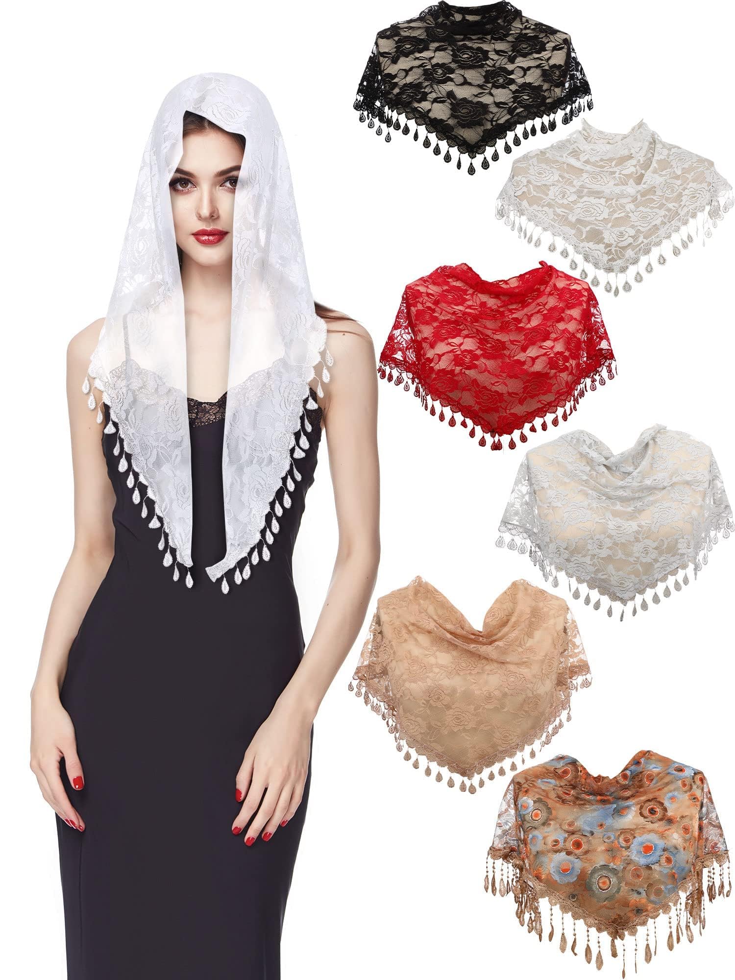 Triangle Lace Shawl Mantilla Veil, Shawl or Scarf Head Cover, Lightweight Head Coverings, Soft Lace Chapel Veil, for Parties, Birthdays, Festivals