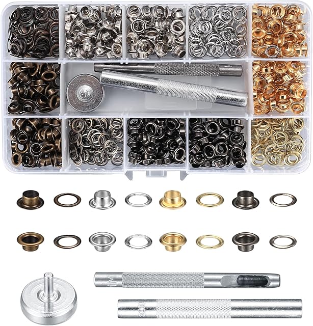 400 Pcs Grommets Eyelets Kit Tool, Copper Tarpaulin Eyelets, Metal Eyelets, Fabric Eyelets Grommets Kit for Fabric Canvas Leather Banners Tarpaulin Curtains DIY and Decoration, 5mm Inside Diameter