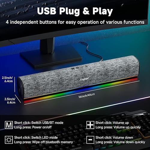 Miniatura 2 de SOULION R100 Altavoces de computadora Bluetooth con luz LED dinámica, altavoces de PC USB Plug & Play con botón de interruptor, barra de sonido de