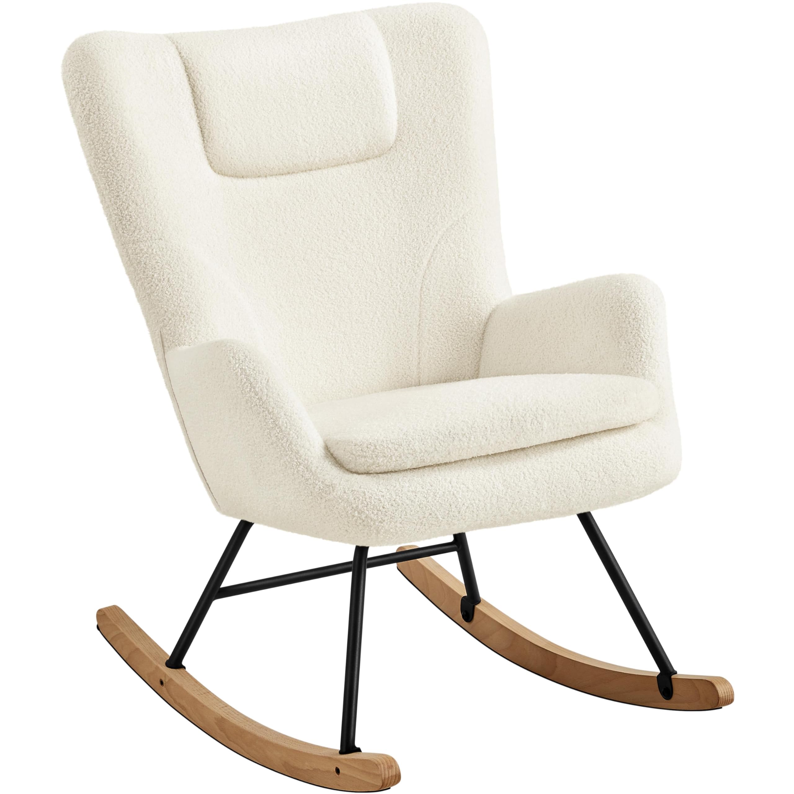 Yaheetech Silla Mecedora Relax Tapizada en Boucle Sillón Balancín con Estructura Metal y Madera de Haya Respaldo Alto Soporta 136 kg Ideal Salón Dormitorio Beige