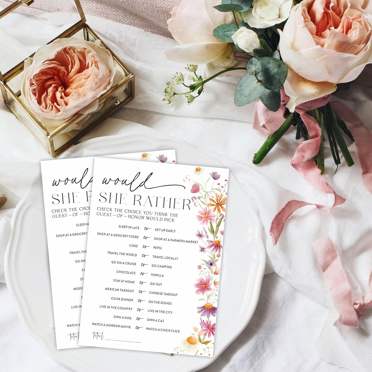 Floral Bridal Shower Game Card -Would She Rather -5 X 7 Inches Double -Sided Fill-in Wedding Game Cards for 30 Guests -Funny Bachelorette Party Activities Supplies & Decorations -A01 image 4