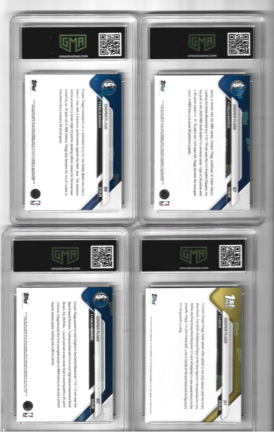 Graded Gem Mint 10 Cooper Flagg 2025 Basketball Trading 4 Card Rookie Lot As He Gets Drafted By The Mavericks And Sets All Time Records. You Will Receive All 4 Cards Shown