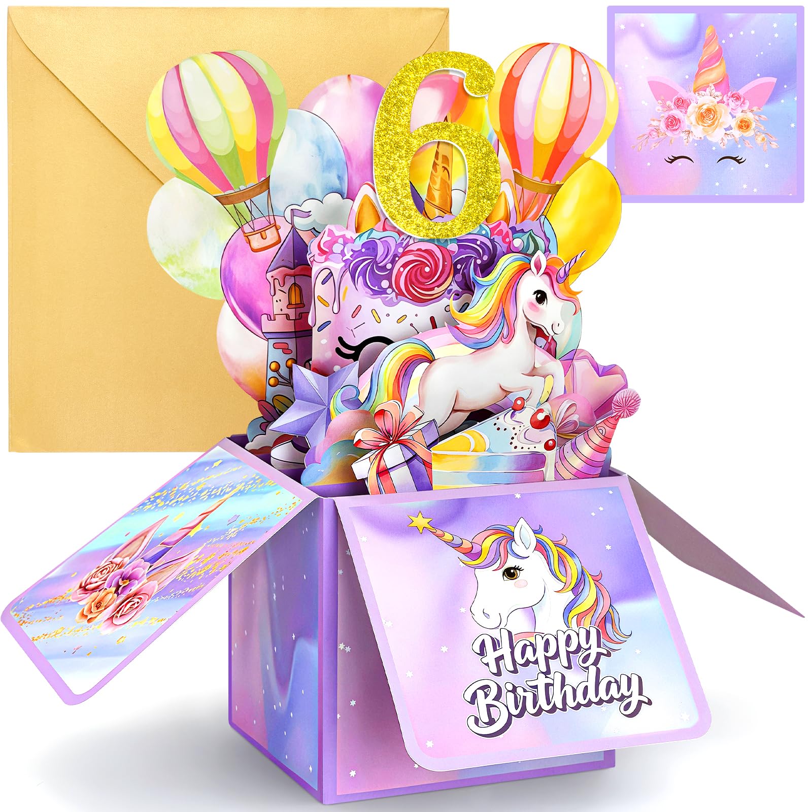 YianHien 6th Birthday Card Girl, Pop Up & Unicorn Birthday Design, 6 Year Old Girl Gifts, Age 6 Happy Birthday Card with Princess Castle, Rainbow Balloons & Unicorn Cake