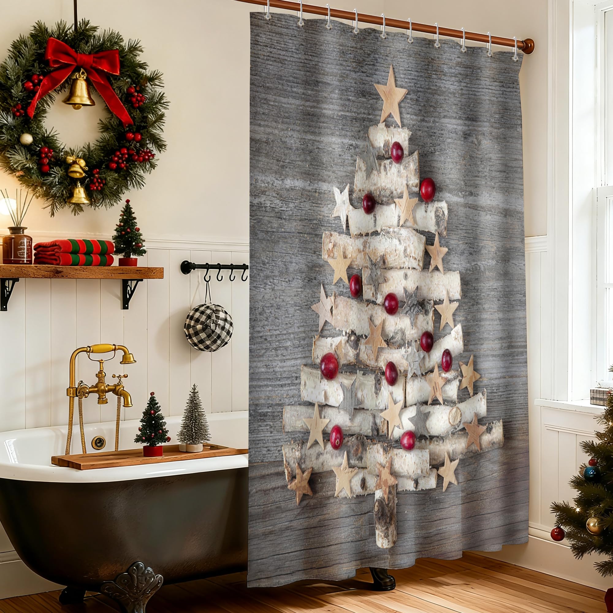 Festive Christmas Shower Curtain - Buffalo Check Plaid With Trees & Snowflakes Farmhouse Style (70x70 Inch) - View #10