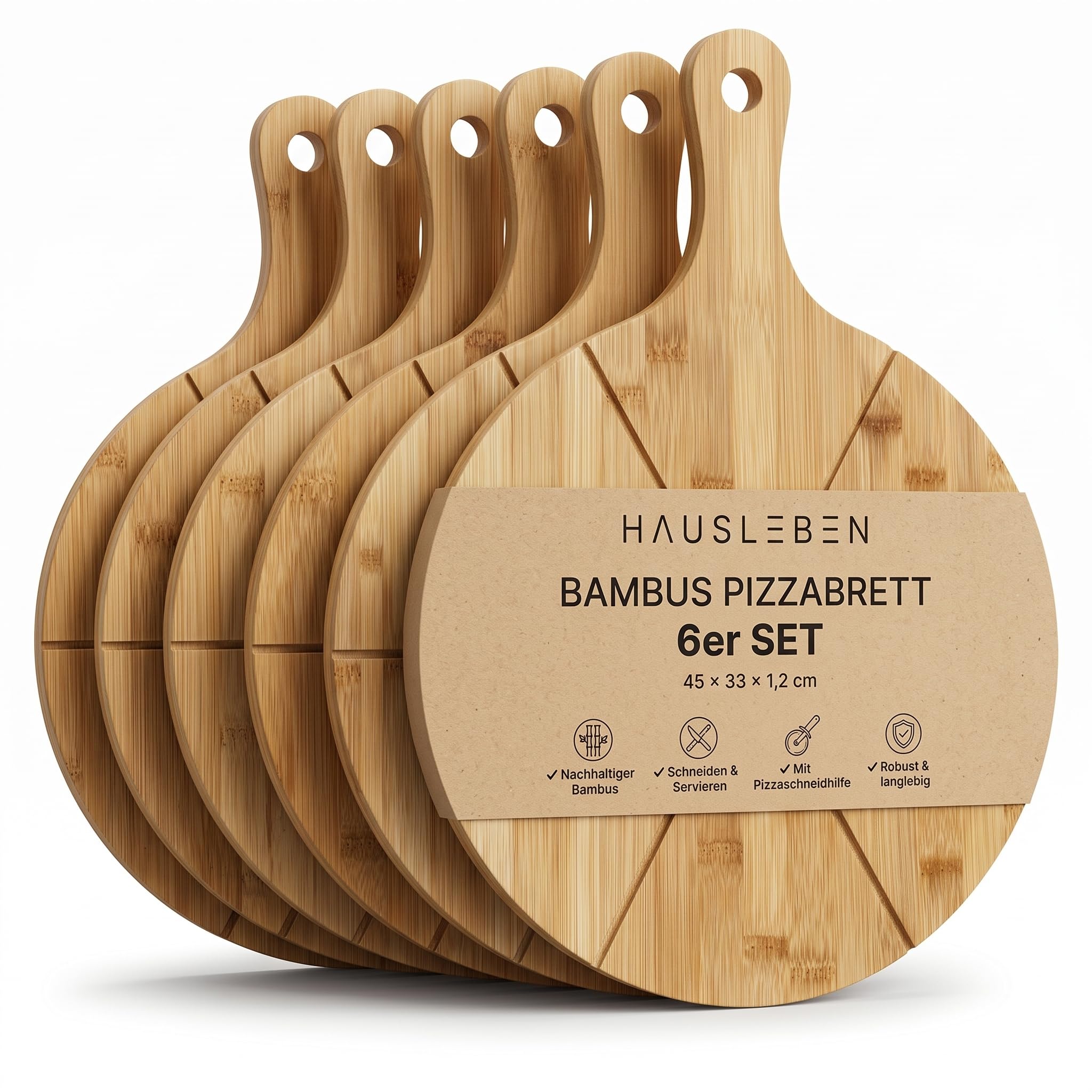 hausleben Piatto per pizza in legno da 33 cm (set da 2 da 3 a 4 pezzi) grande con manico, piattino, tagliere per pizza rotondo, tagliere per pizza e pizza (set da 6)