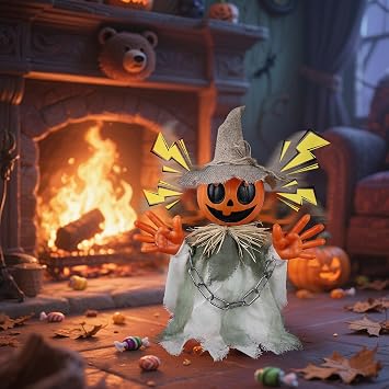 Prsildan Animatronic Halloween Decorations 16 Walking Pumpkin Ghost with Sound & Touch Sensor, Scary-Cute Animated Halloween Prop with Spooky Sound for Indoor Home & Outdoor Yard, Lawn Decor