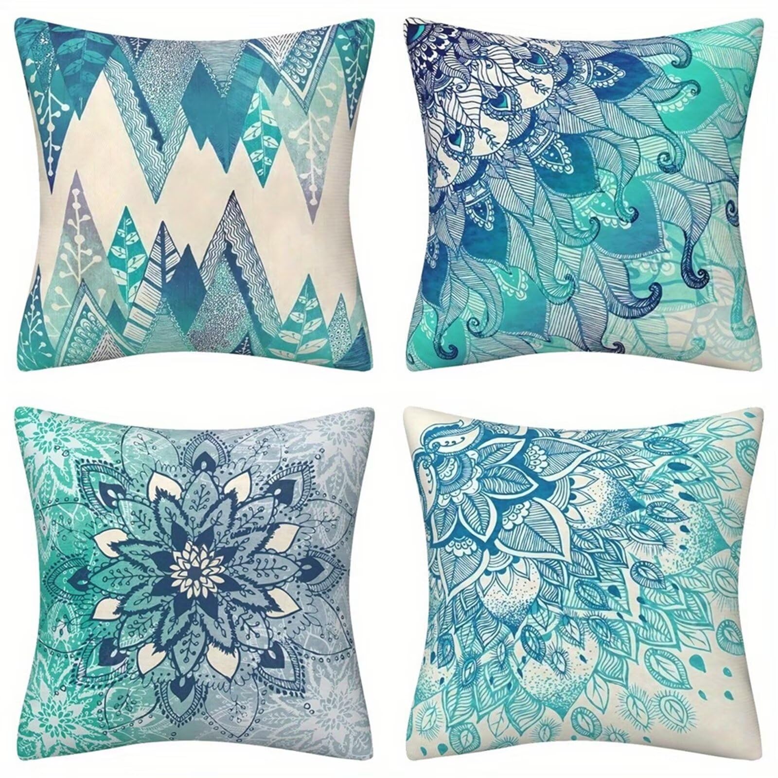 Heaen Outdoor Cushions Covers Waterproof 35x35 cm Set of 4 Square Linen Pillow Cases Green Mandala Decorative Dushions for Sofa Porch Patio Home Decor