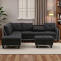 Vista 20 de Sofá modular de cuero en forma de L de 3 piezas – Sofá modular convertible con diván móvil y otomana de almacenamiento, uso multiescenario para sala