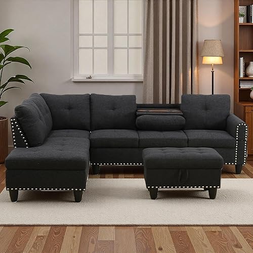 Vista 20 de Sofá modular de cuero en forma de L de 3 piezas – Sofá modular convertible con diván móvil y otomana de almacenamiento, uso multiescenario para sala