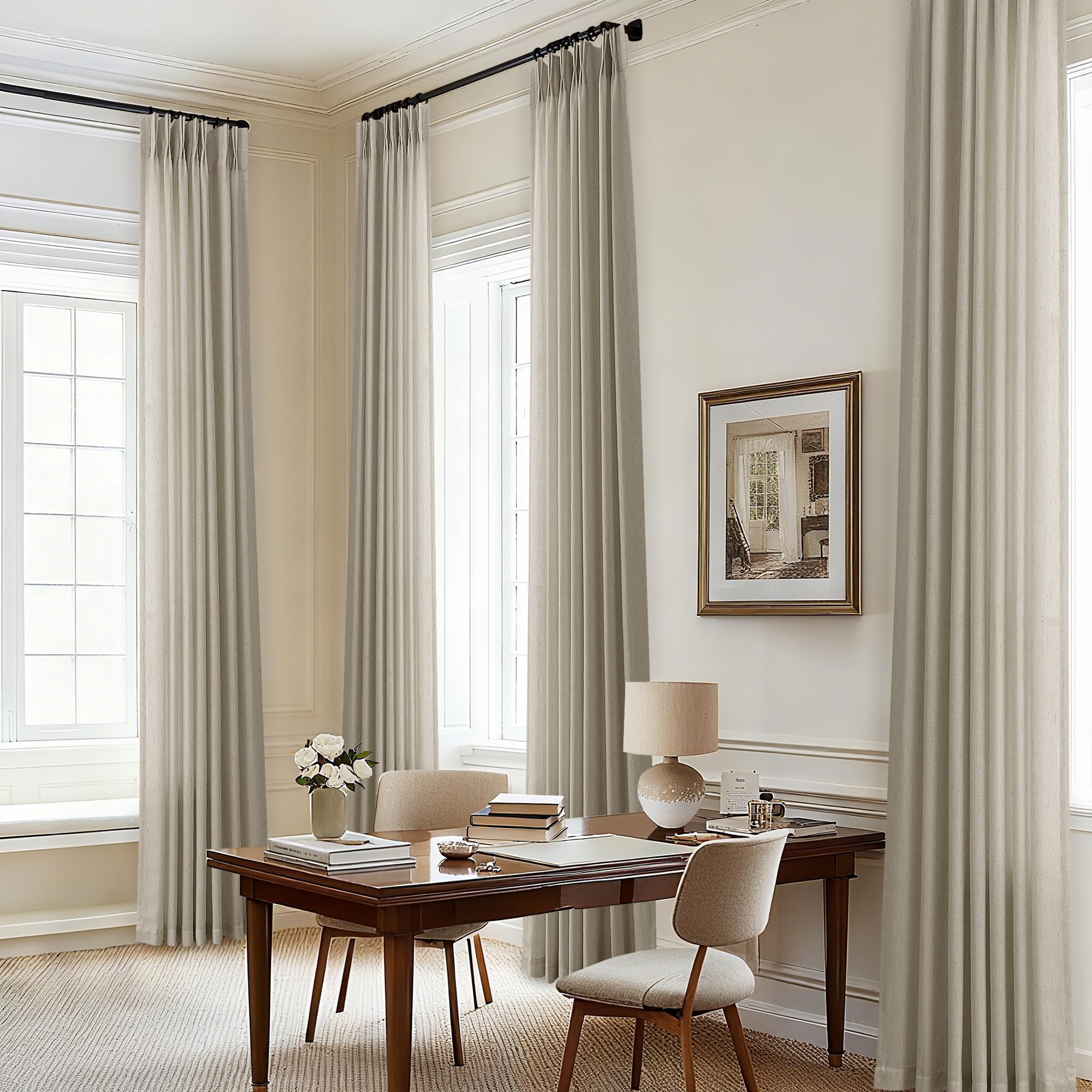 96 Inch Pleated Linen Curtains for Living Room Bedroom Semi Sheer Light Filtering Drapes Memory Trained Textured Burlywood Birch Pinch Pleat Curtains with Hooks Rings Boho Window Curtain Back Tab Tan