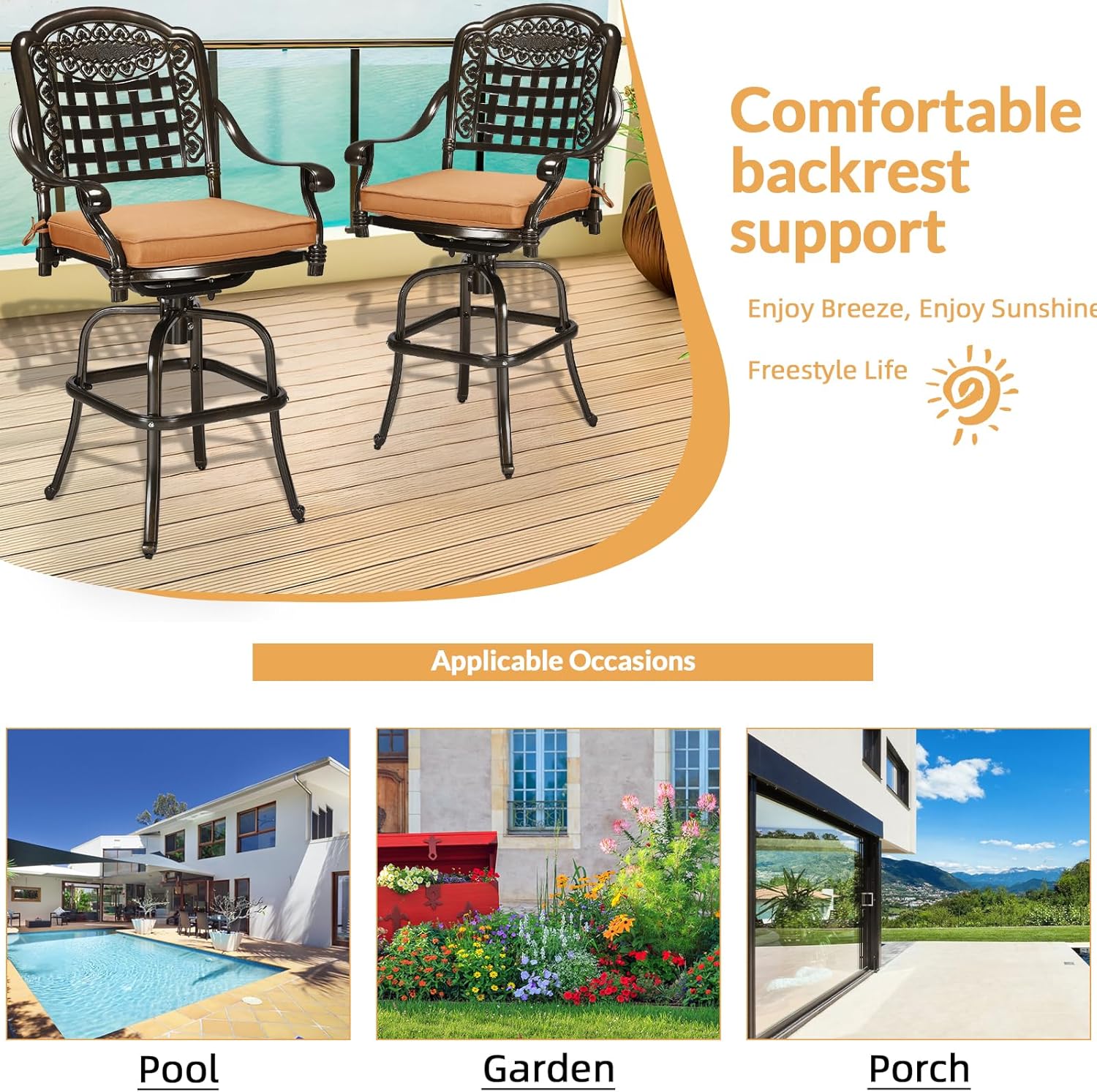 Outdoor Patio Swivel Bar Stools Set of 2, All-Weather Bar Height Patio Chairs, Outdoor High Bistro Stools with Cushion/High Back/Armrest/Footrest for Outside, Lawn & Garden, Dark Bronze