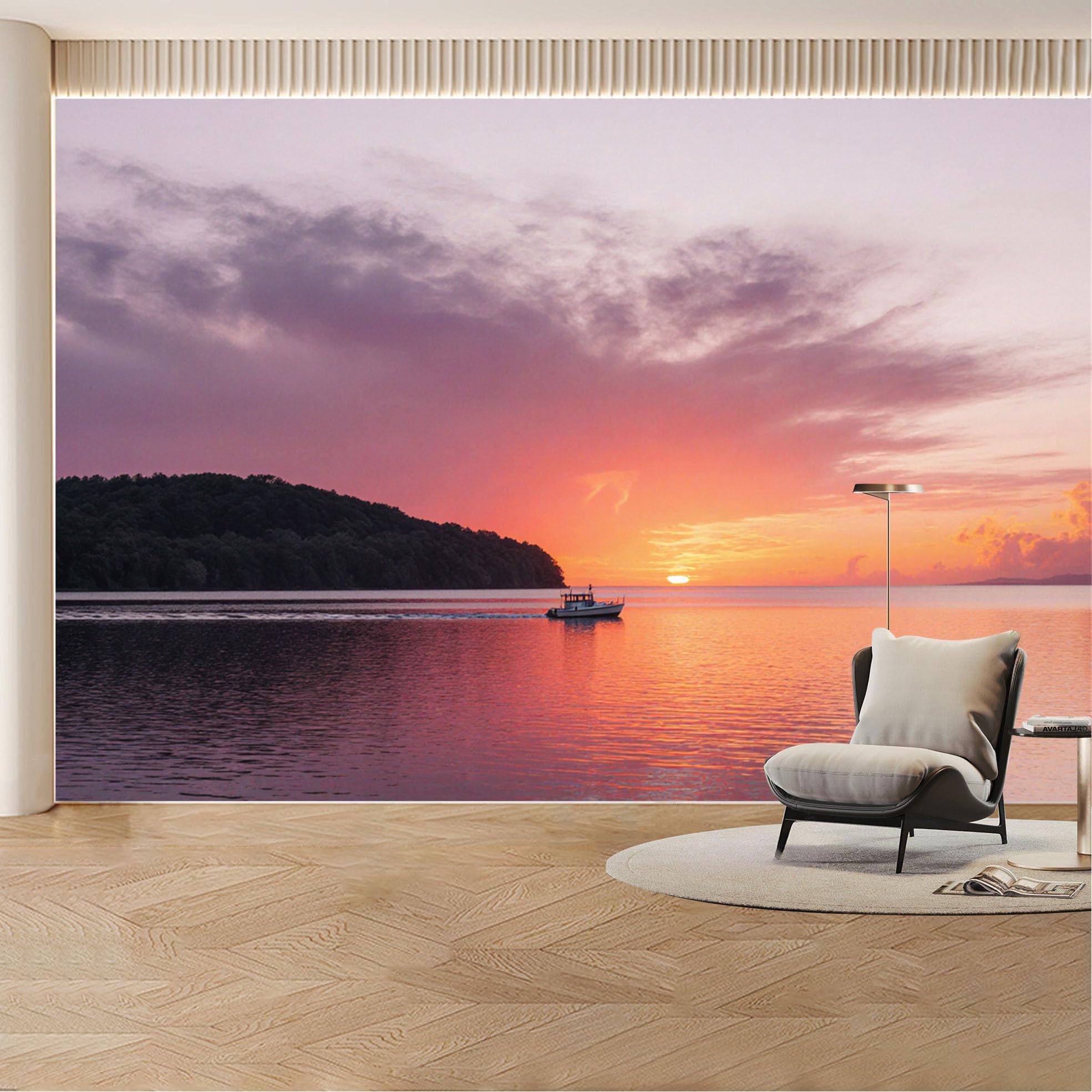Custom Wall Mural Wallpaper Ocean Boat Sunset， Landscape Nature Wall Decor Large Wall Art， Tropical Misty Removable SelfAdhesive Large Photo for Living Room， Bedroom， Office