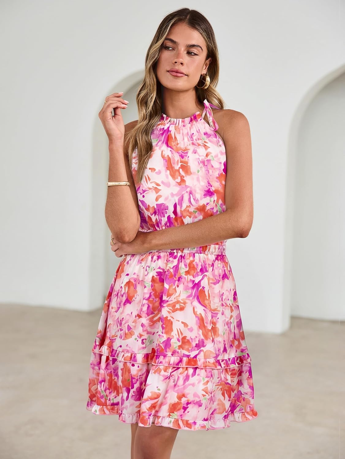 Simplee Womens Floral Summer Halter Dress A Line Sleeveless Emipre Waist Tiered Mini Boho Sundress Beach Vacation Outfits - Image 5