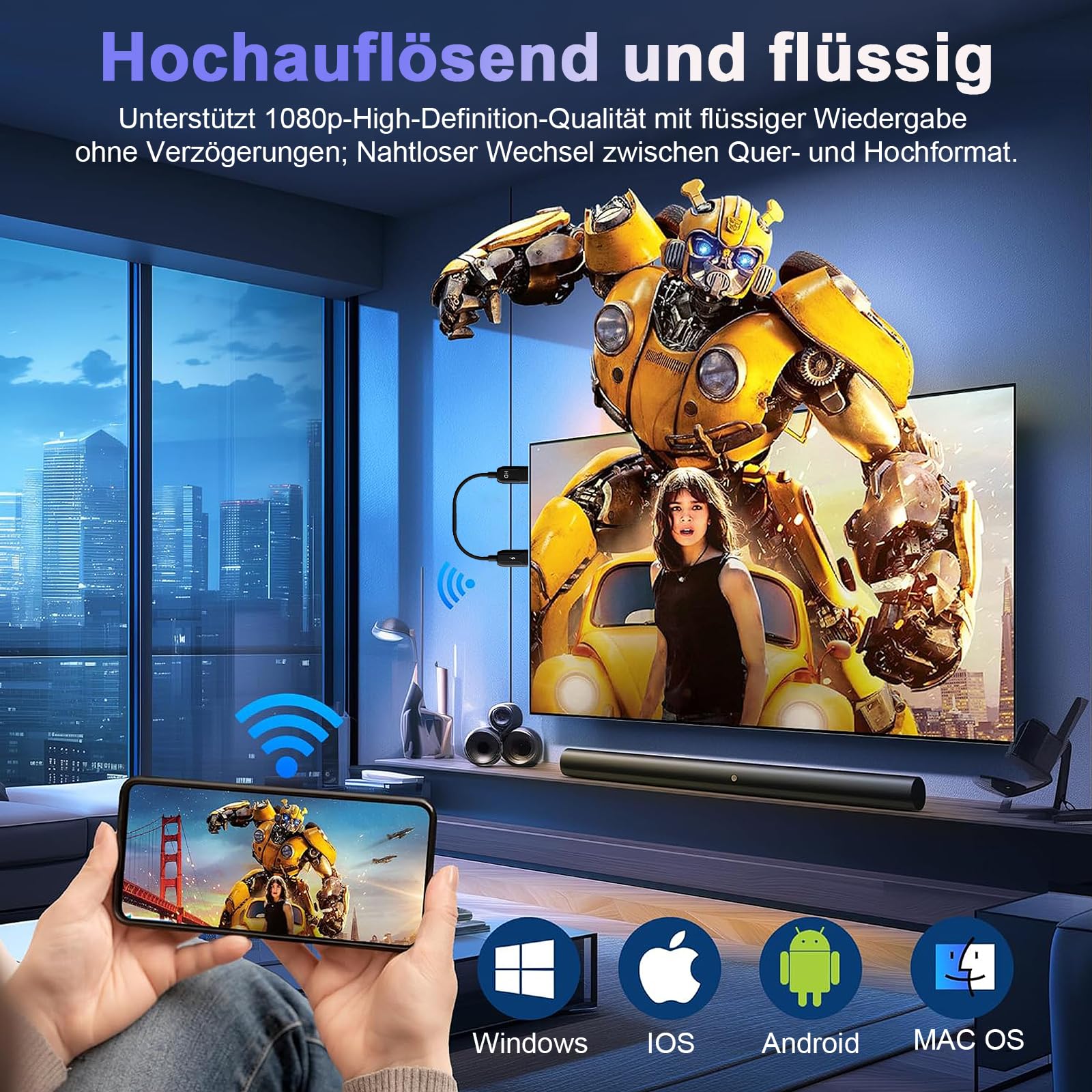 Wireless HDMI Adapter, 2.4G/5G Dual Band HD hdmi Wireless mit Miracast/AirPlay, Kompatibel mit iOS/Android/Windows/Mac, Plug & Play, Bildschirmspiegelung für TV/Monitor/Projektor