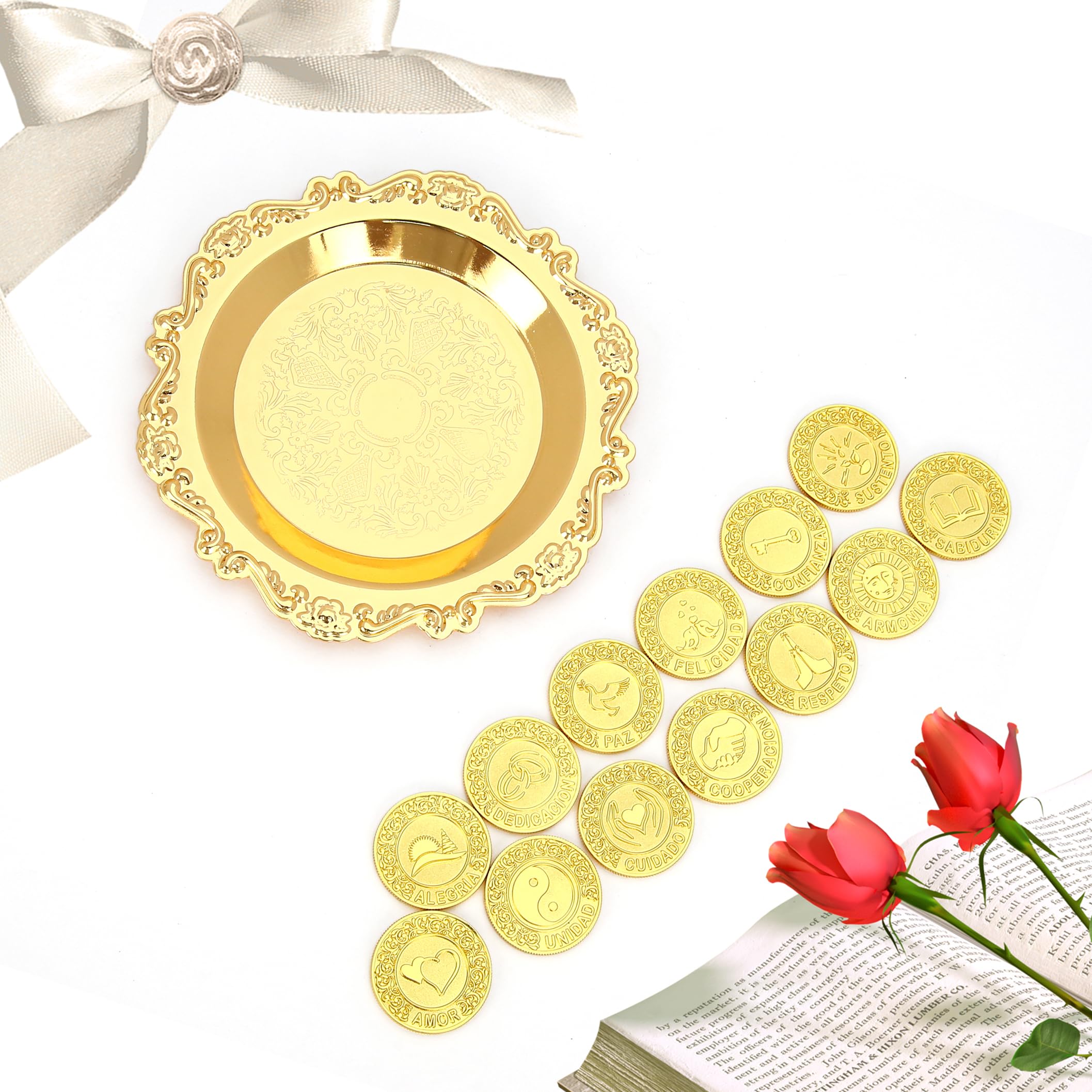 TINGKU Español Arras de Boda con Plato, Las Arras para Boda de Matrimonio, Regalos de Boda, Arras de Boda Ceremonia Novios, Monedas de Unidad, Ceremonia de Boda - Oro