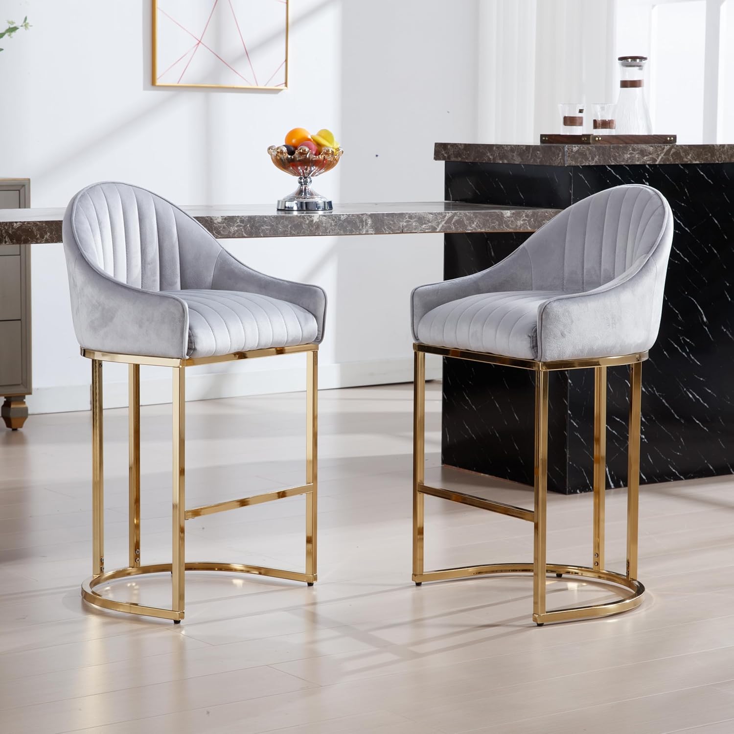Counter Height Bar Stools Set of 2, 27.5" H Modern Barrel Counter Stools with Shell Back and Chrome Metal Base (Grey + Golden Base, Set of 2)