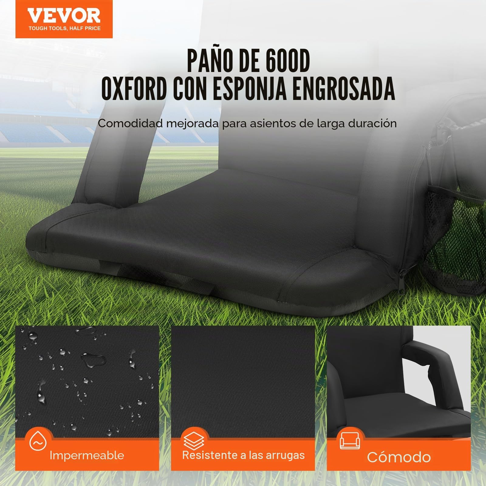 VEVOR Asiento Portátil Plegable de Estadio con Doble Calefacción y Soporte para la Espalda con Calefacción de 3 Niveles, con Portavasos con Bolsillo con Gancho, para Eventos Deportivos, Conciertos