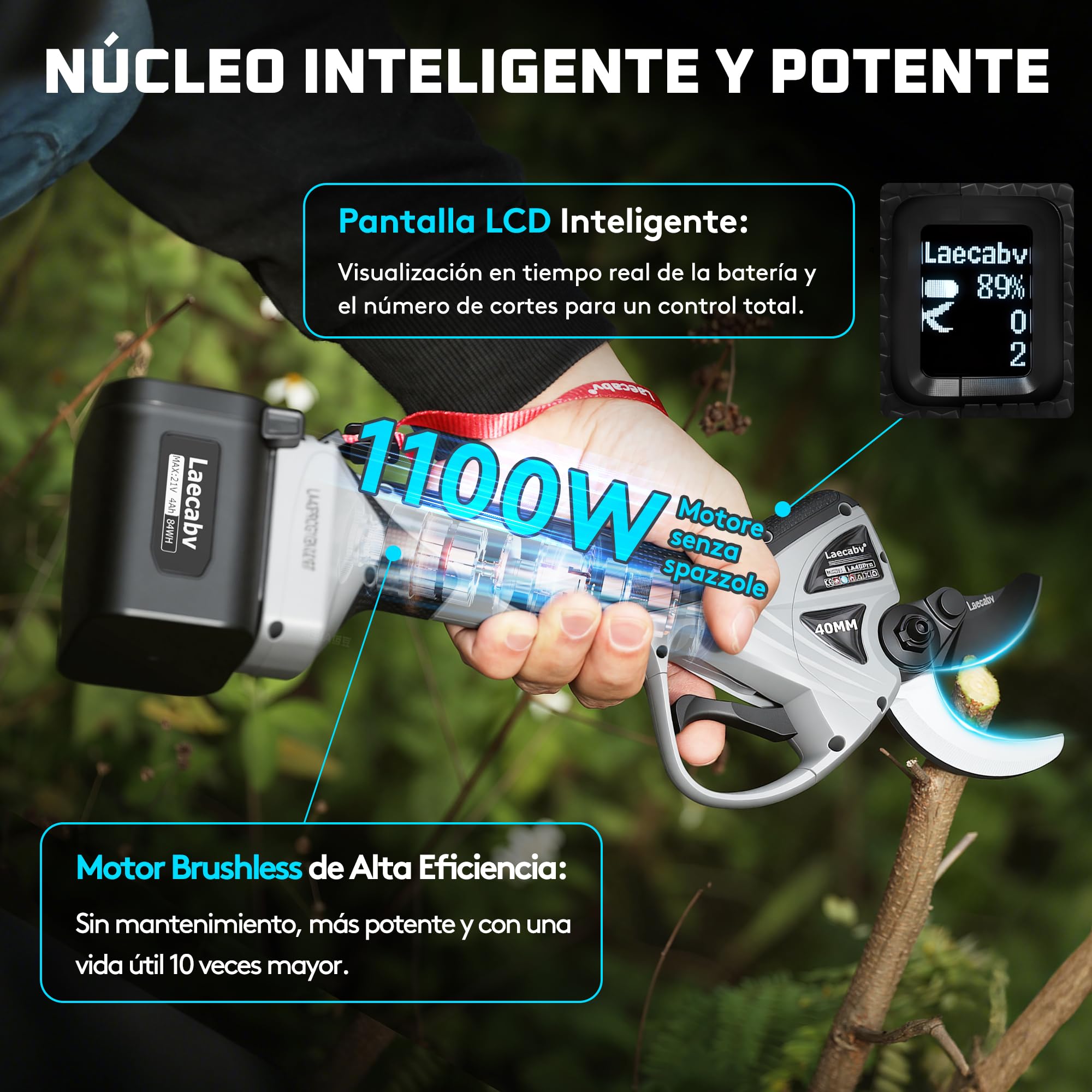 Laecabv Tijeras de podar eléctricas 40mm Corte Progresivo Pantalla LCD, 2x 4000mAh Bateria Tijeras podar Bateria Para jardin Viñedo Olivos