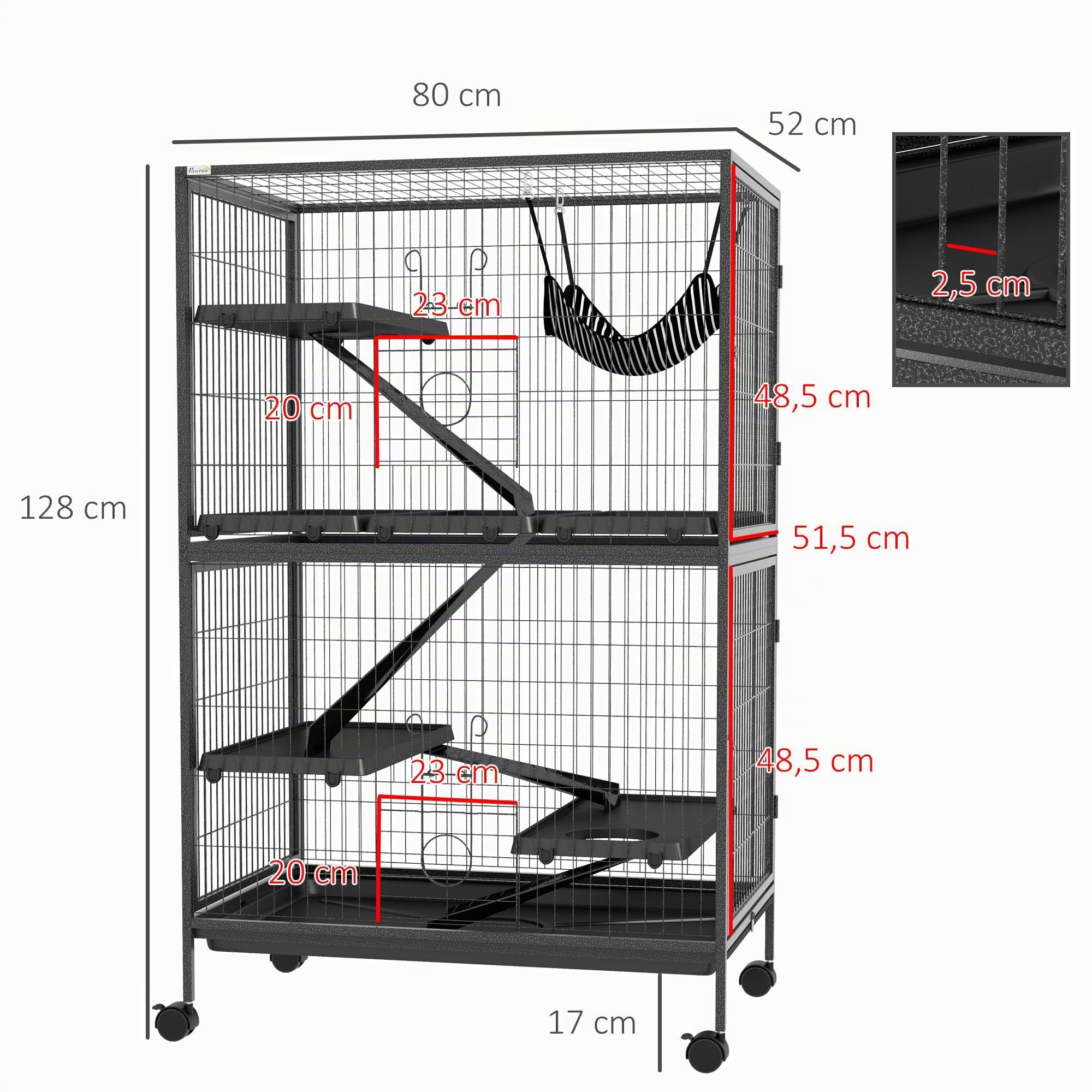 PawHut Cage pour Petits Animaux 4 Niveaux Cage pour rongeurs avec Roues, rampes, hamac Suspendu et Plateau Amovible Enclos pour Lapins Chinchillas Furets 80x52x128 cm Gris foncé