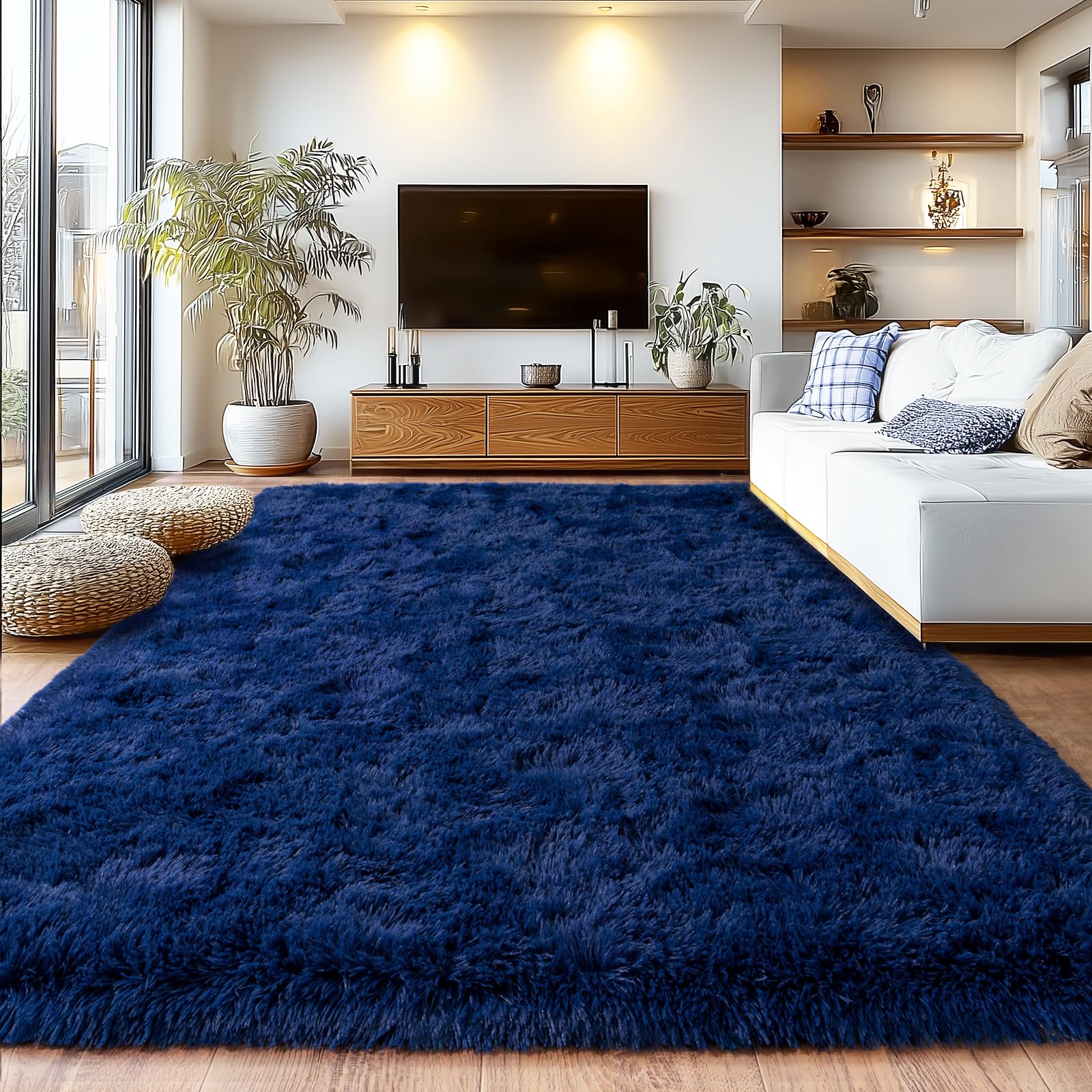 Photo 1 of Shag Area Rugs for Living Room, Soft Fuzzy Plush Rugs, Upgrade Anti-Skid Modern Furry Rugs Fluffy Carpets for Kids Room Nursery Home Decor Dark Blue, 6X9 Feet