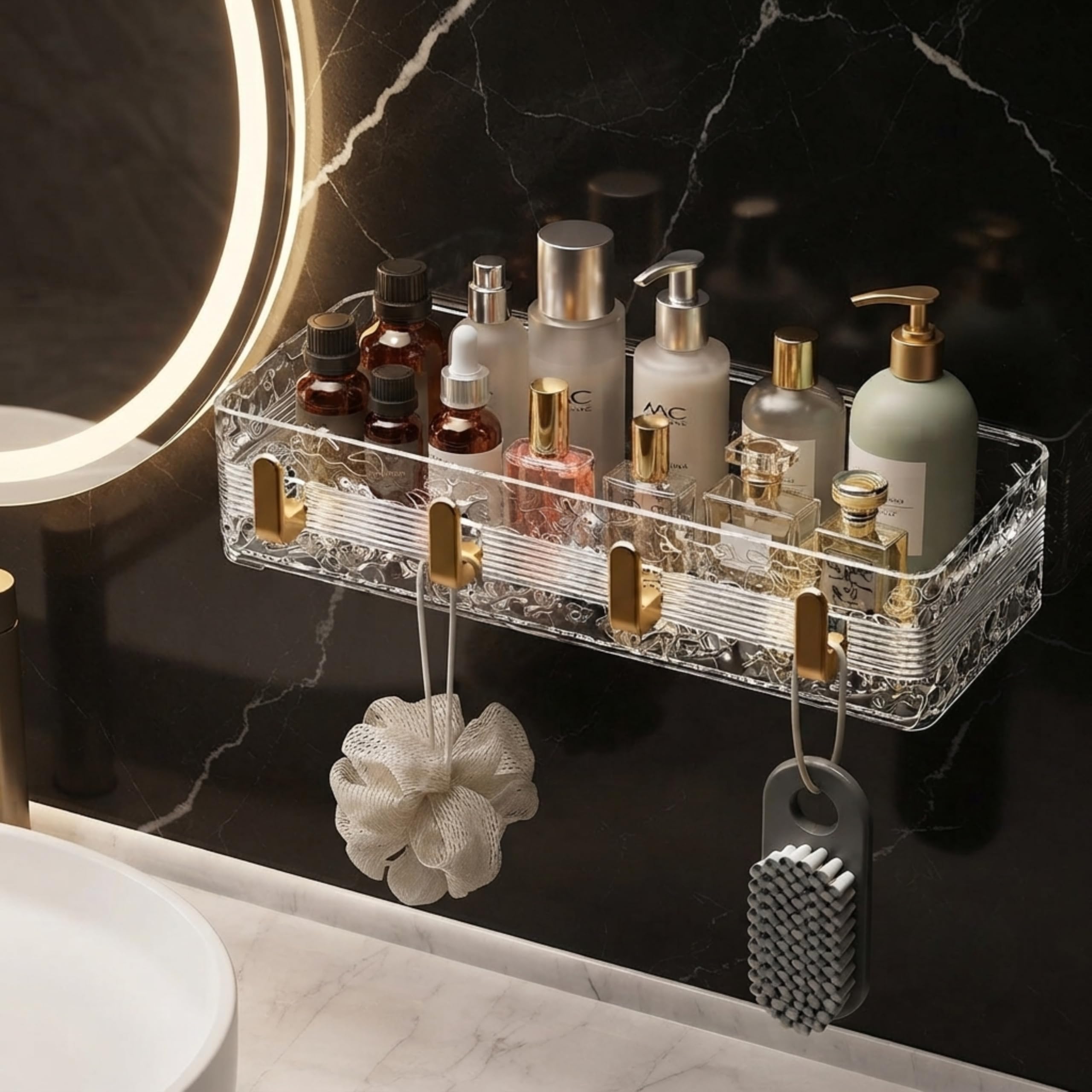 LINEAR Wall Mounted Bathroom Shelves | Storage Shelf Organiser with Towel Bar | Self Adhesive Shelf for Bathroom | Storage Organizer Racks for Bathroom Accessories (4 Hook Shelve)-image-41