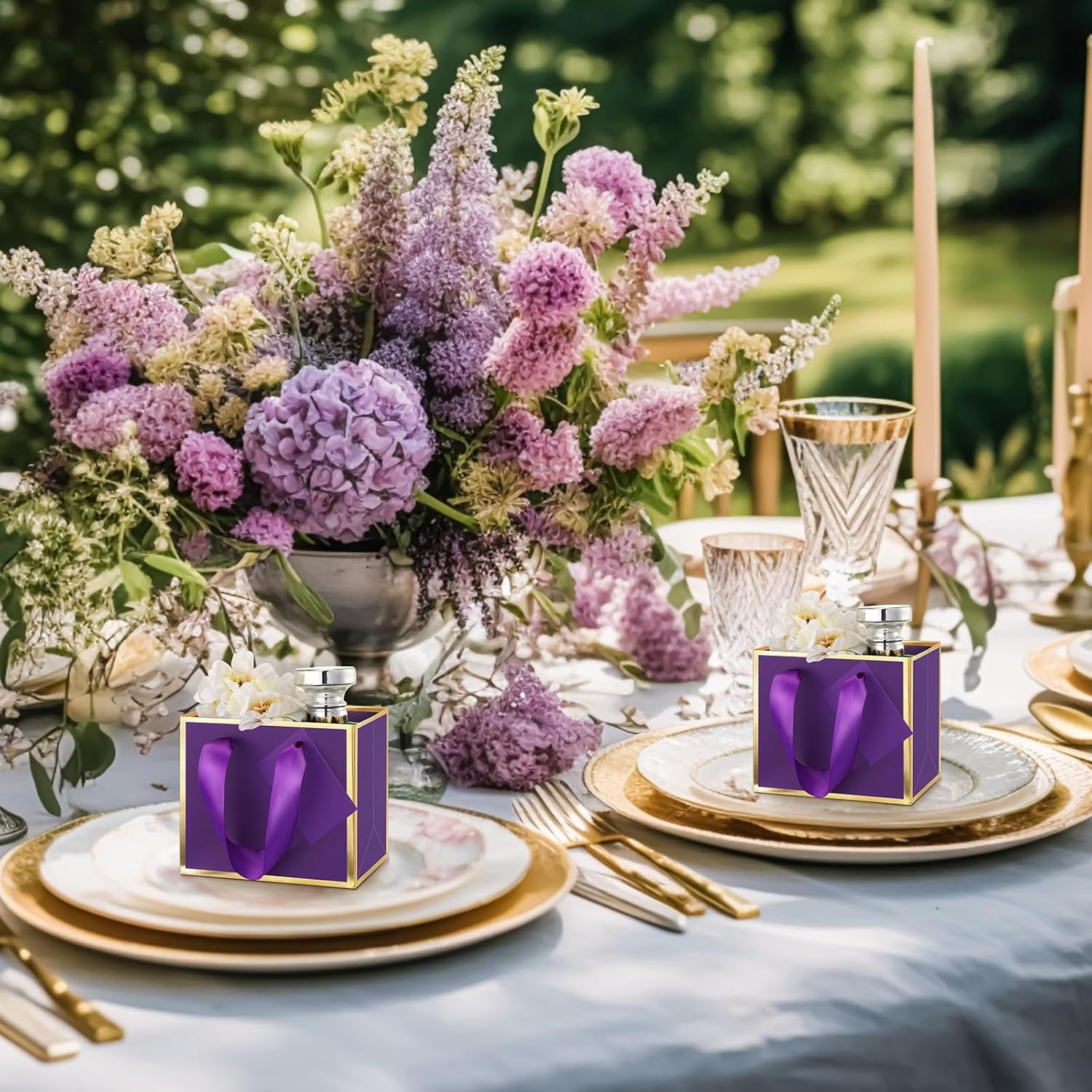 Yeaqee 50 Pcs Mini Metallic Gift Bags with Handles 4x4.75x2.25'' Tiny Thank You Favor Bag with Tag for Women's Day St. Patrick's Wedding Spring Easter Welcome Baby Shower Birthday (Purple,Gold) - Image 5