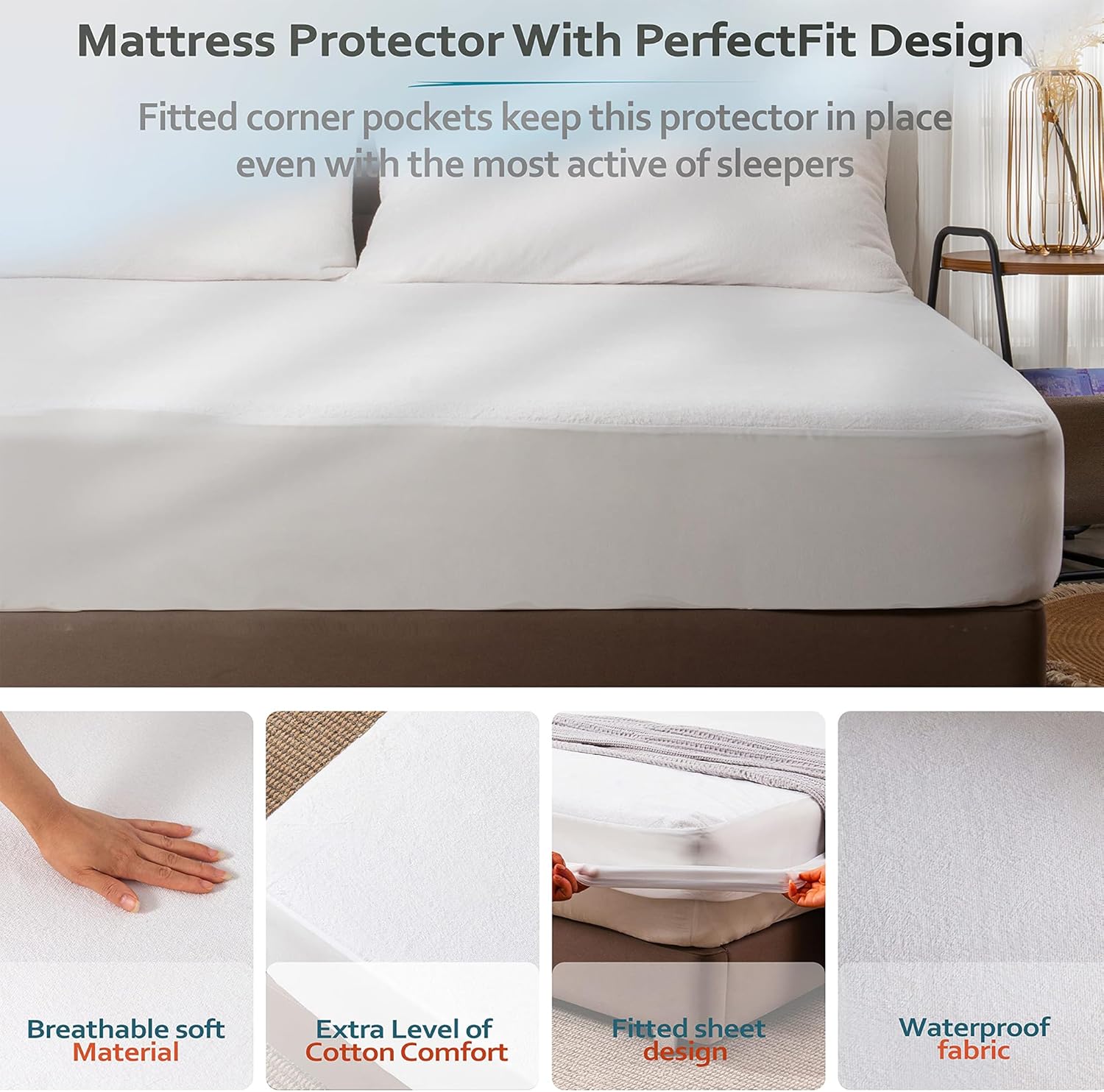 PlushDeluxe Queen Mattress Protector, Breathable Soft Terry Cotton Fitted Sheet Bed Cover with Deep Stretchable Pockets, 100% Waterproof, Noiseless, Hypoallergenic, Dust Mite Proof, 60"x80"x15" - Image 3