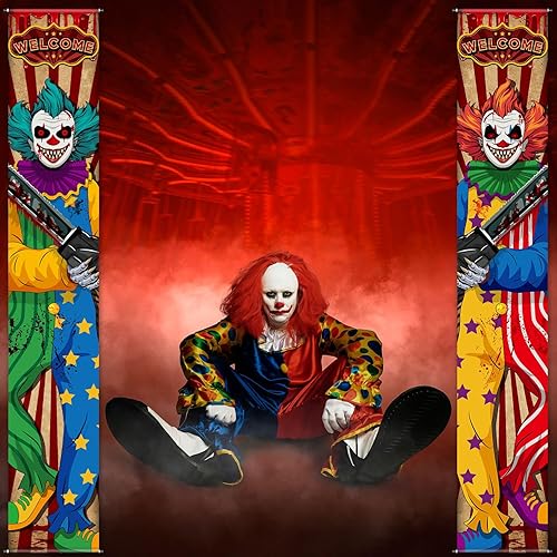 Miniatura 4 de Harloon 2 piezas de decoraciones de carnaval de payaso espeluznante para Halloween, circo, payaso, porche, pancartas colgantes para decoración de