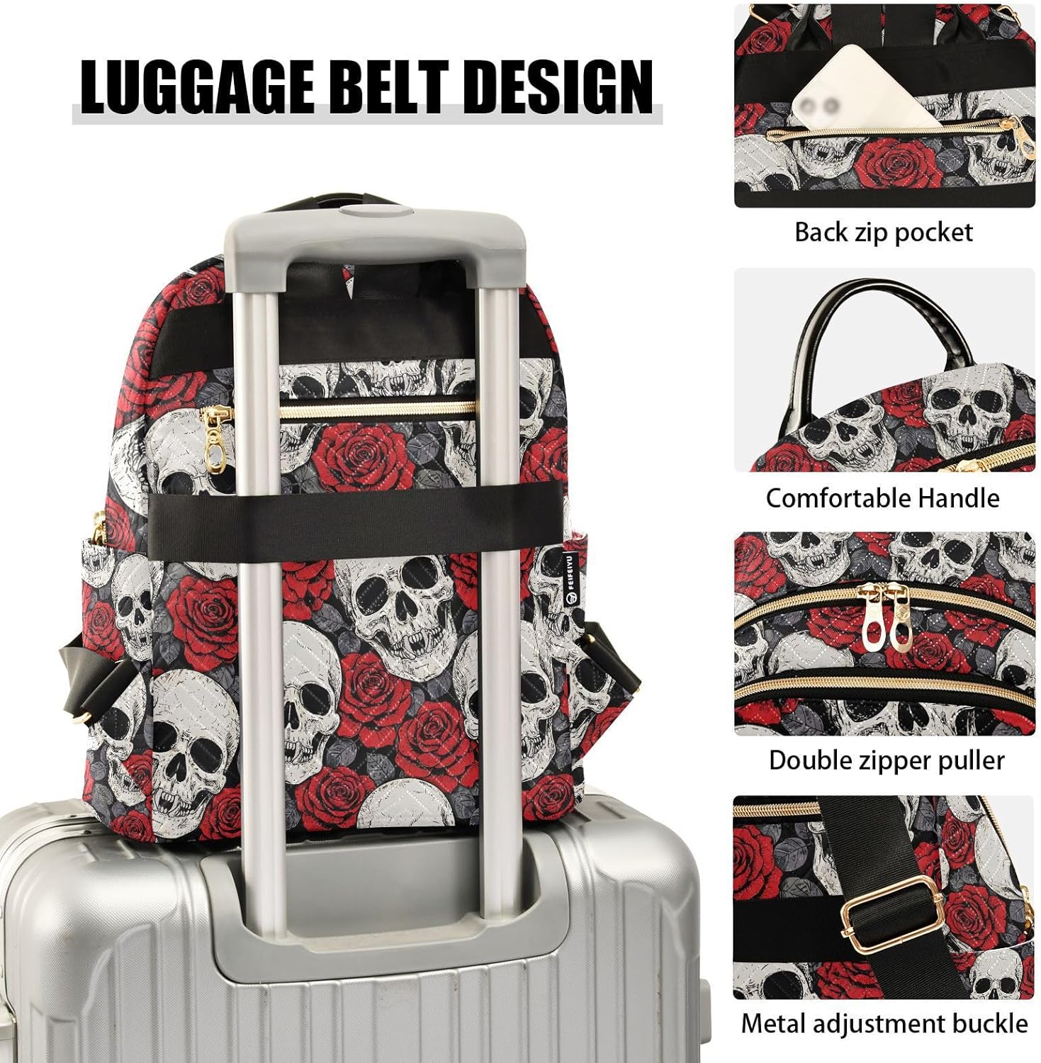 JIPONI Halloween Skull Rose Backpack Purse for Women Lightweight Back Pack Casual Daypack Travel Shoulder Bag Bookbag - S