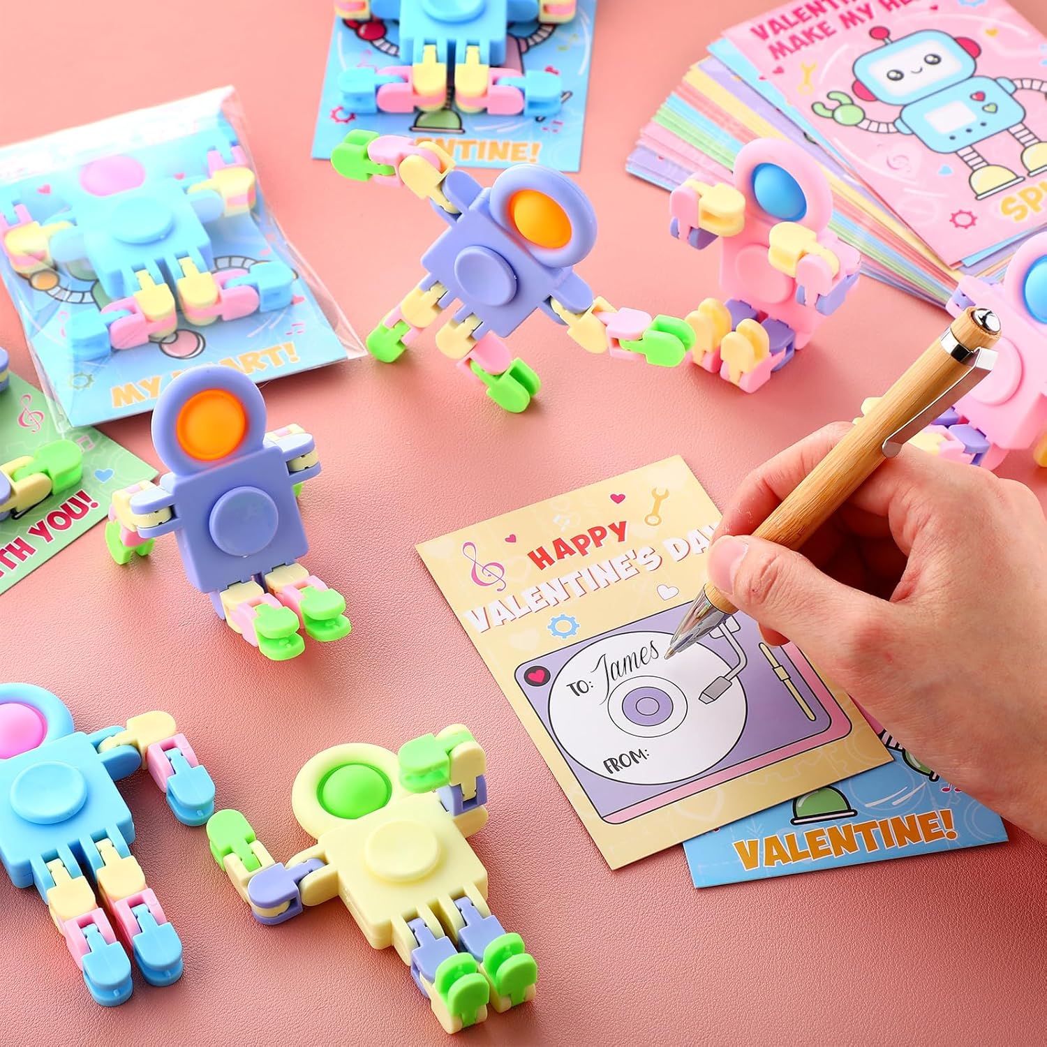 28 Packs Valentine‘s Day Gifts for Kids, Fidget Spinners with Valentine Cards for Classroom Prize Exchange, Deformable Sensory Toys for Boy Girl Party Favor(Astronaut)