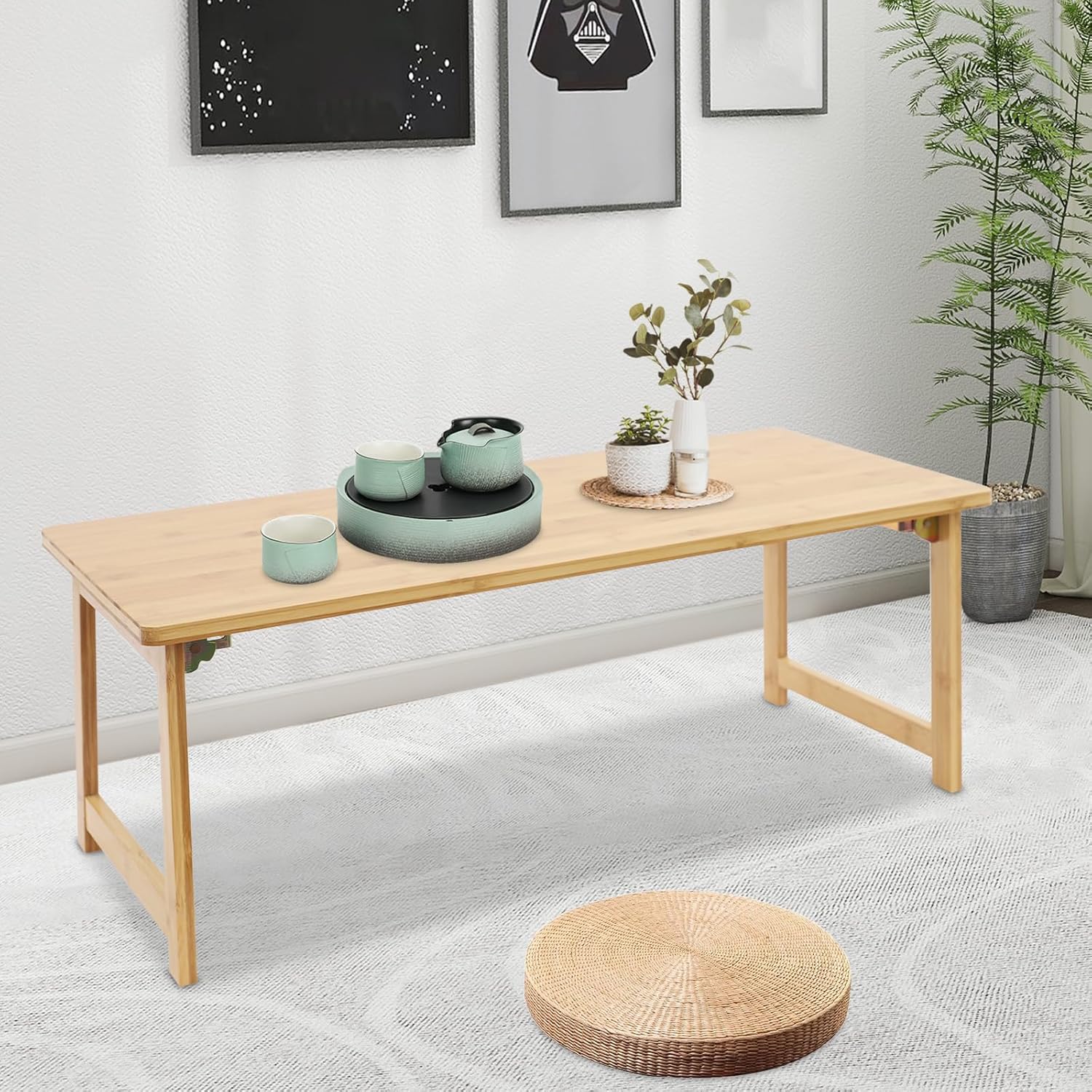 Eapmic Japanese Floor Table, Foldable Coffee Table, Low Sitting Dining Table, Tatami Tea Desk, Portable No Assembly Floor Desk for Living Room Bedroom Apartment Office Study (Burlywood)