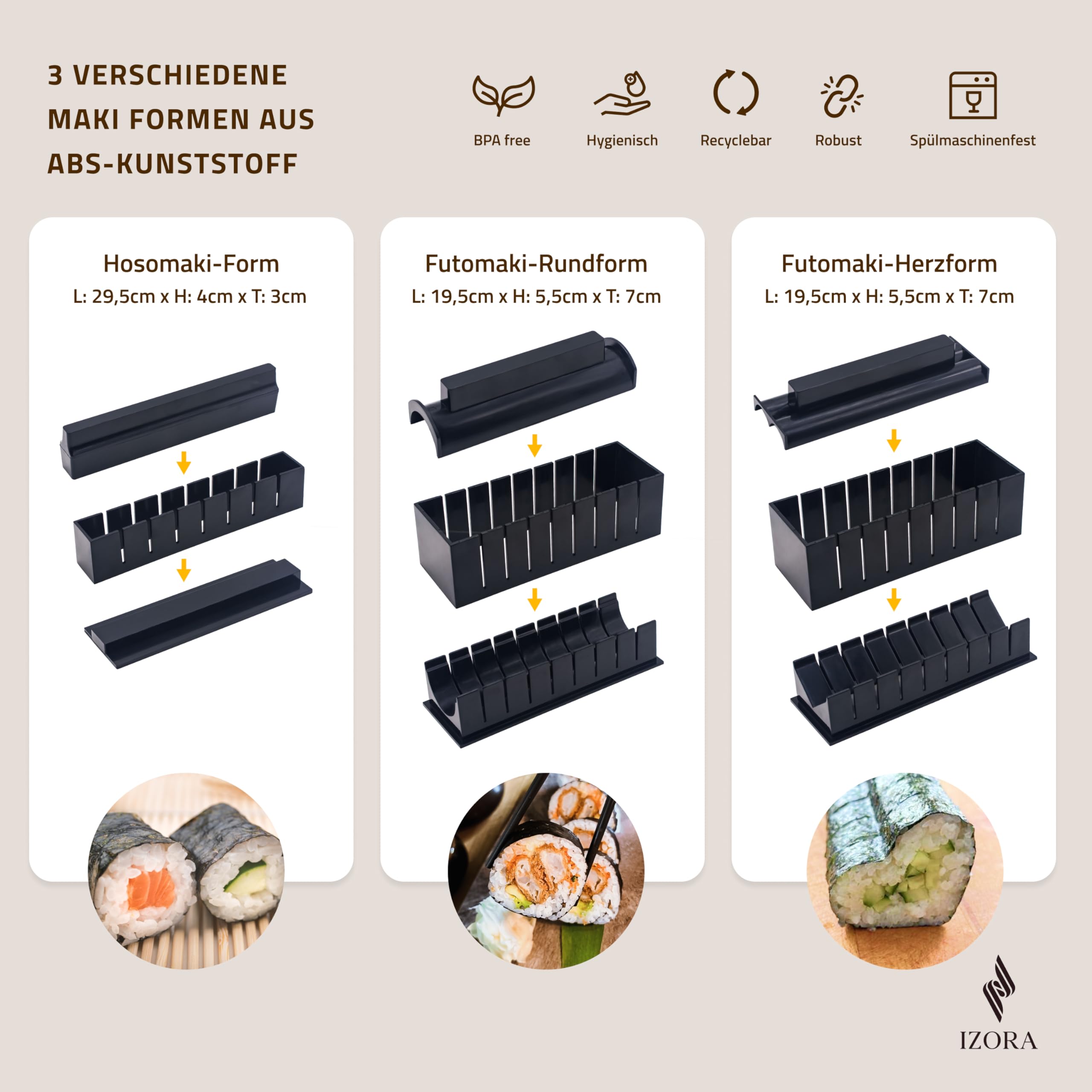 Izora Sushi Maker Set mit Anfänger-Guide inkl. ausführlicher Anleitung, einfache Rezeptvorschläge - Sushi Set zum selber machen mit stilvoller Geschenkbox, praktischem Stoffbeutel