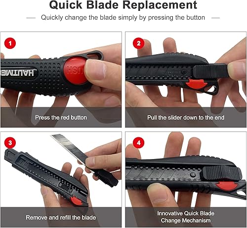 Miniatura 6 de HAUTMEC Cuchillo utilitario de agarre suave de 0.709 in con interruptor de seguridad rojo, cortador resistente con hoja negra ultra afilada