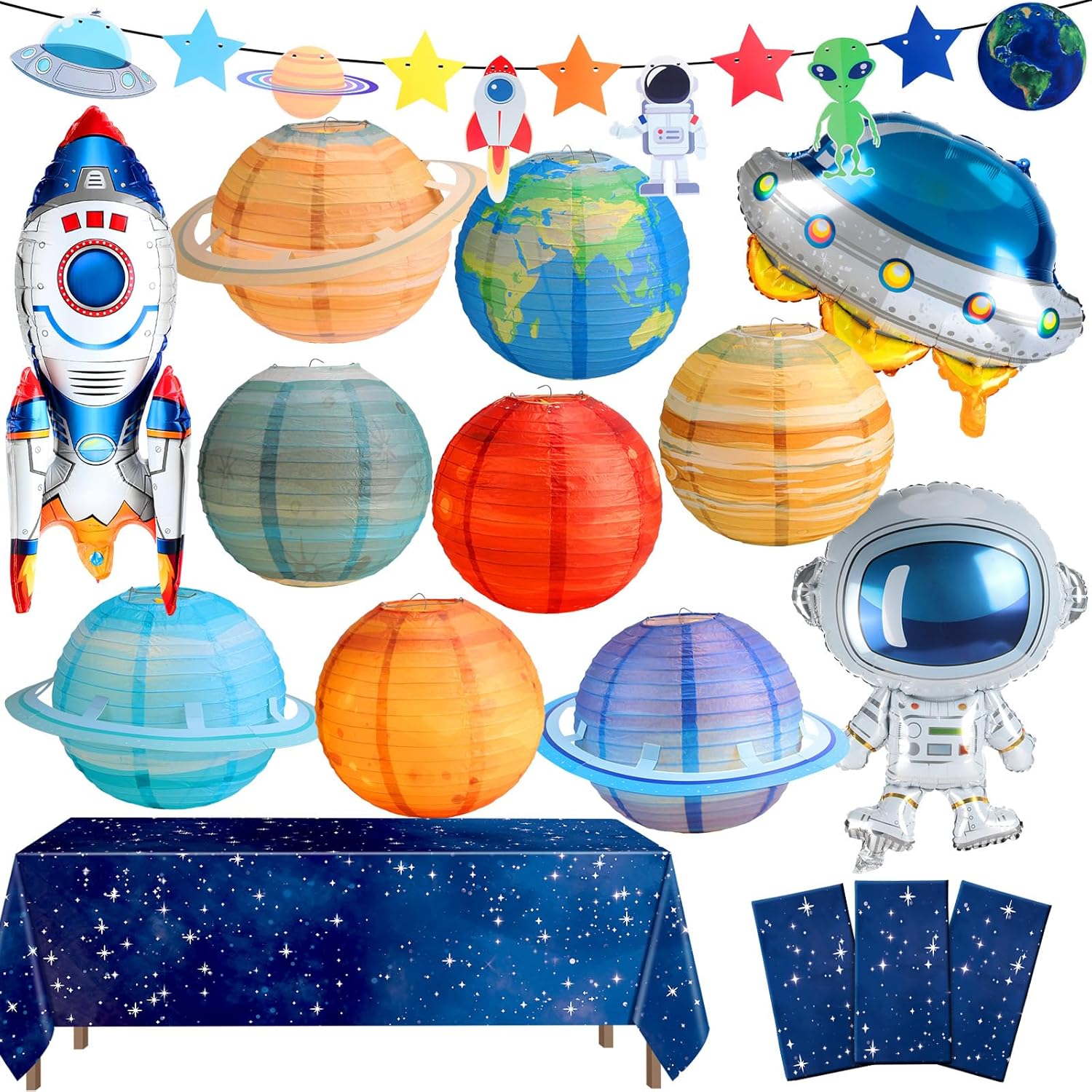 Sotiff 16 Pcs Outer Space Birthday Themed Party Decorations Supplies Includes Space Tablecloth Planet Paper Lanterns Plastic Universe Garland Astronaut Ufo Rocket Balloon for Star System