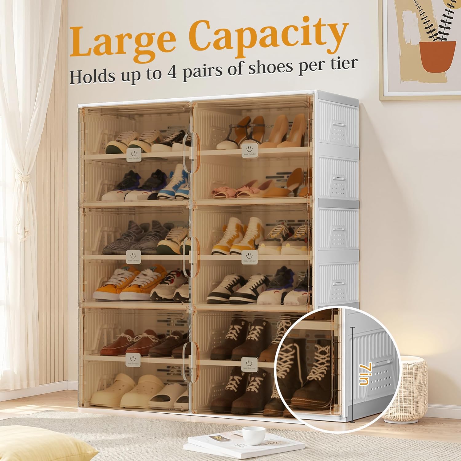 Foldable Shoe Rack Organizer for Entryway with Clear Magnetic Doors - Large Capacity Shoe Cabinet for Boots, Sneakers & All Shoes, Easy Assembly, White 6-Tier 24 Pairs