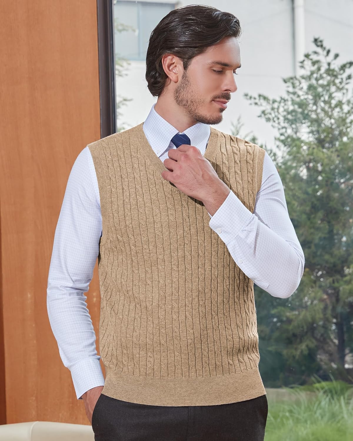 Kallspin Men’s Wool Blended Cable Knit Sweater Vest V Neck Relaxed Fit Sleeveless Pullovers - Image 5