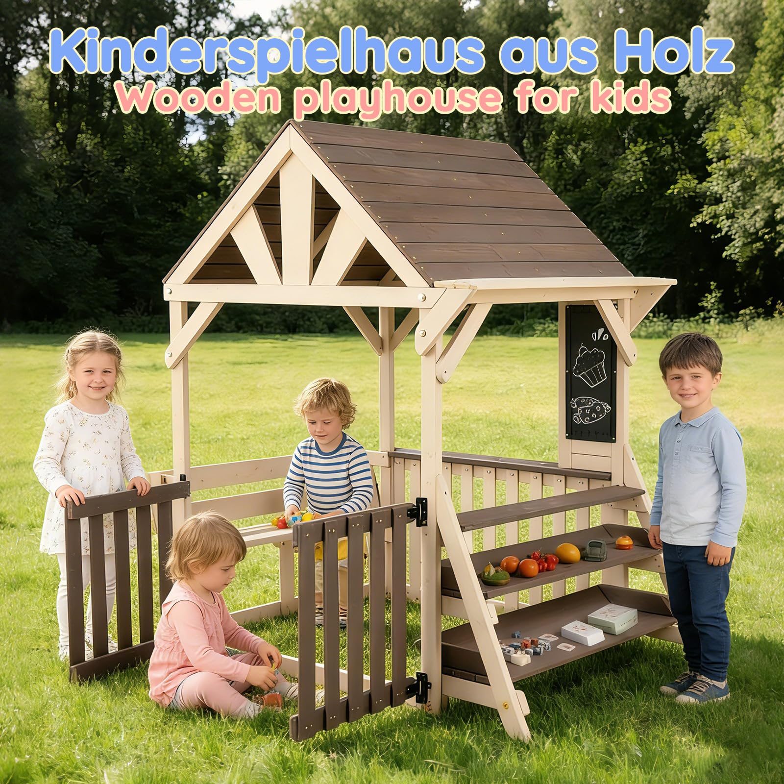 Set da cucina per esterni, a forma di casa, in legno con tetto antipioggia e ringhiera a mezza altezza, scaffale multiuso per piante e giocattoli, per bambini dai 3 anni in su, casa giochi