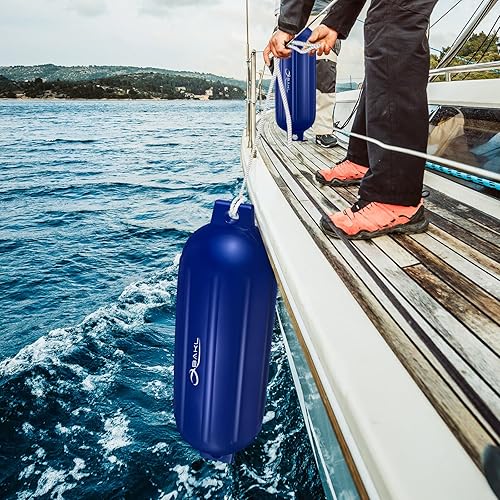 Miniatura 9 de Paquete de 4 defensas de barco de 8.5 x 27 pulgadas, acanaladas con ojos gemelos, parachoques para acoplamiento, viene con cuerdas y bomba para Azul