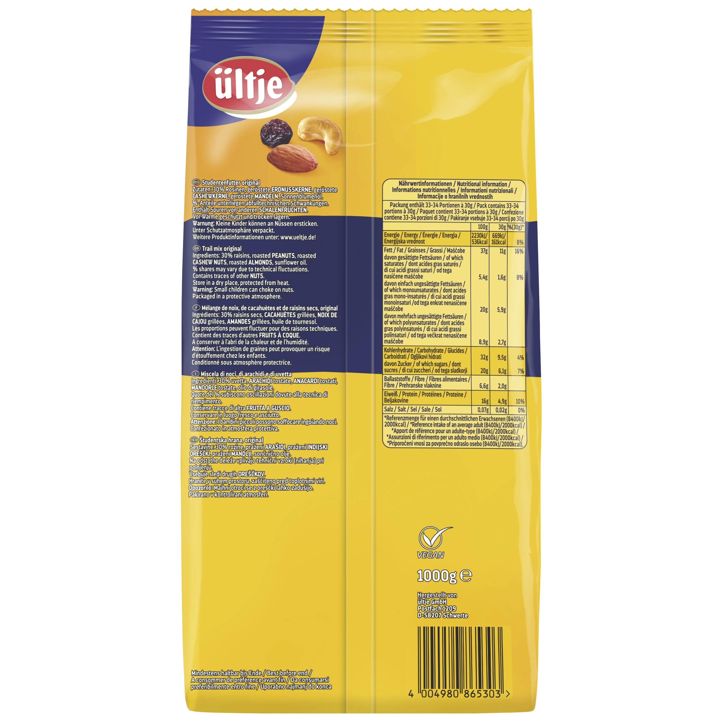 ültje Erdnüsse geröstet & gesalzen, 5er Pack (5 x 900 g) & Studentenfutter, original, 1.000g