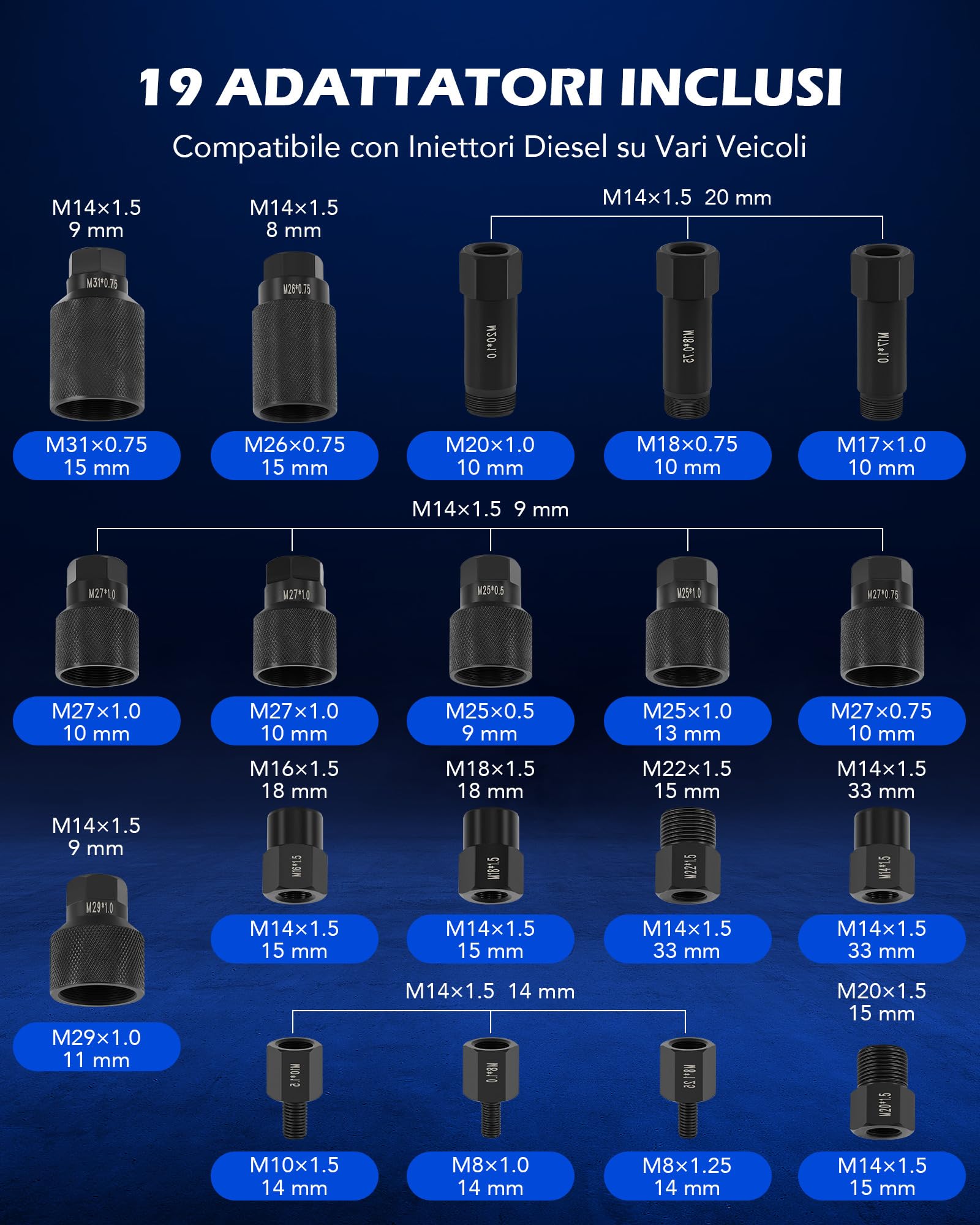 Orion Motor Tech 24 Pezzi Estrattore Pneumatico per Iniettori Diesel per Rimuovere Iniettori a Vibrazione d'Aria da 5-8 Bar con Martello Estrattore, 19 Adattatori, Tubo di Prolunga e EU US Connettori