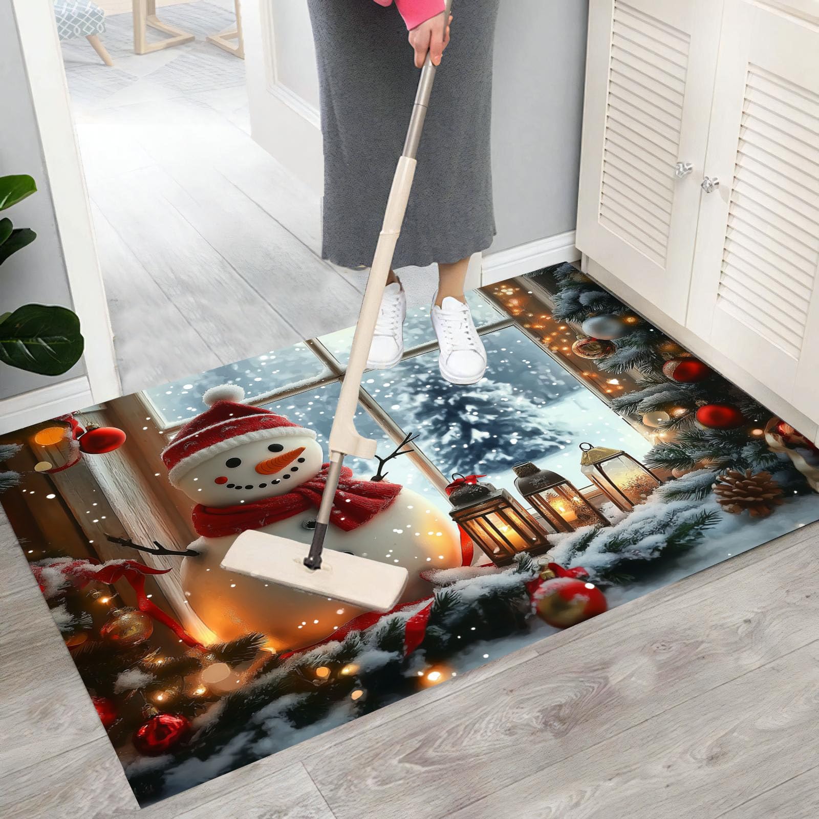 Felpudo Alfombra de Entrada Lavable, Decoraciones Navideñas Interior Muñeco De Nieve Farolillos Pequeña Alfombra Antideslizante Suave Superfina para Cocina Baño Dormitorio 90x150cm, Blanco grisáceo