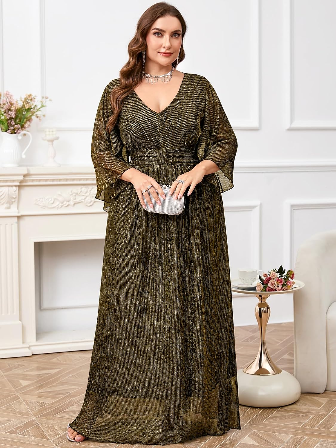 Plus Size Formal Dress Maxi Sparkly V Neck A-line Handkerchief Sleeve Evening Gown Wedding Guest Cocktail Gala