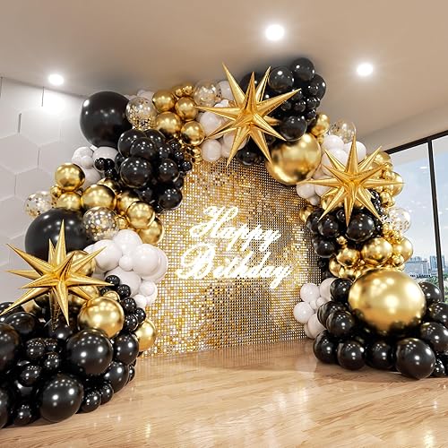 Kit de arco de guirnalda de globos negros y dorados, 185 globos de látex con confeti de estrella en explosión negro blanco y dorado metálico para