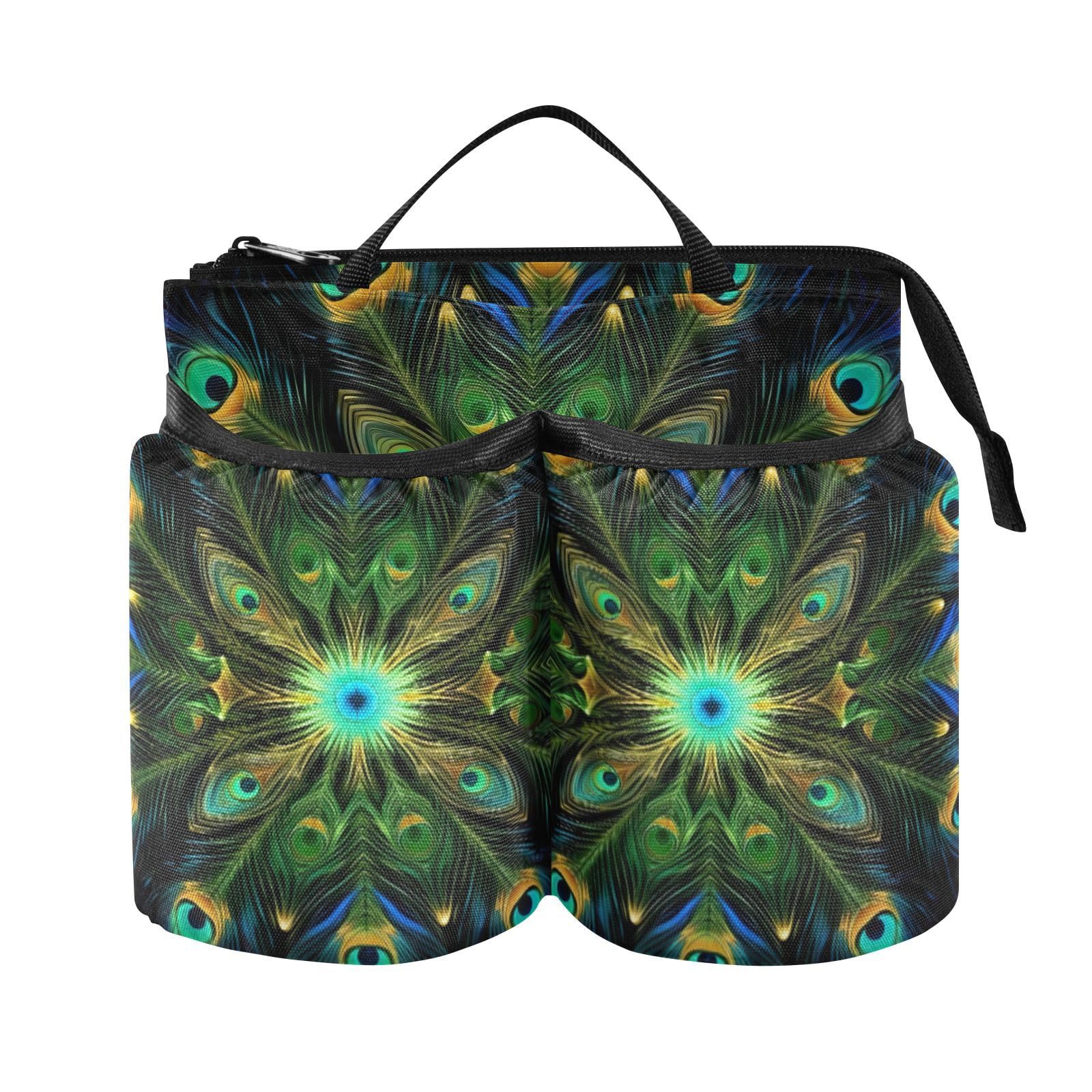 Kigai Peacock Feather Luggage Cup Holder Portable Drink Carrier Caddy Bag Free Hand Coffee Mug Holder Travel Accessories Fits Roll on All Suitcase Handles